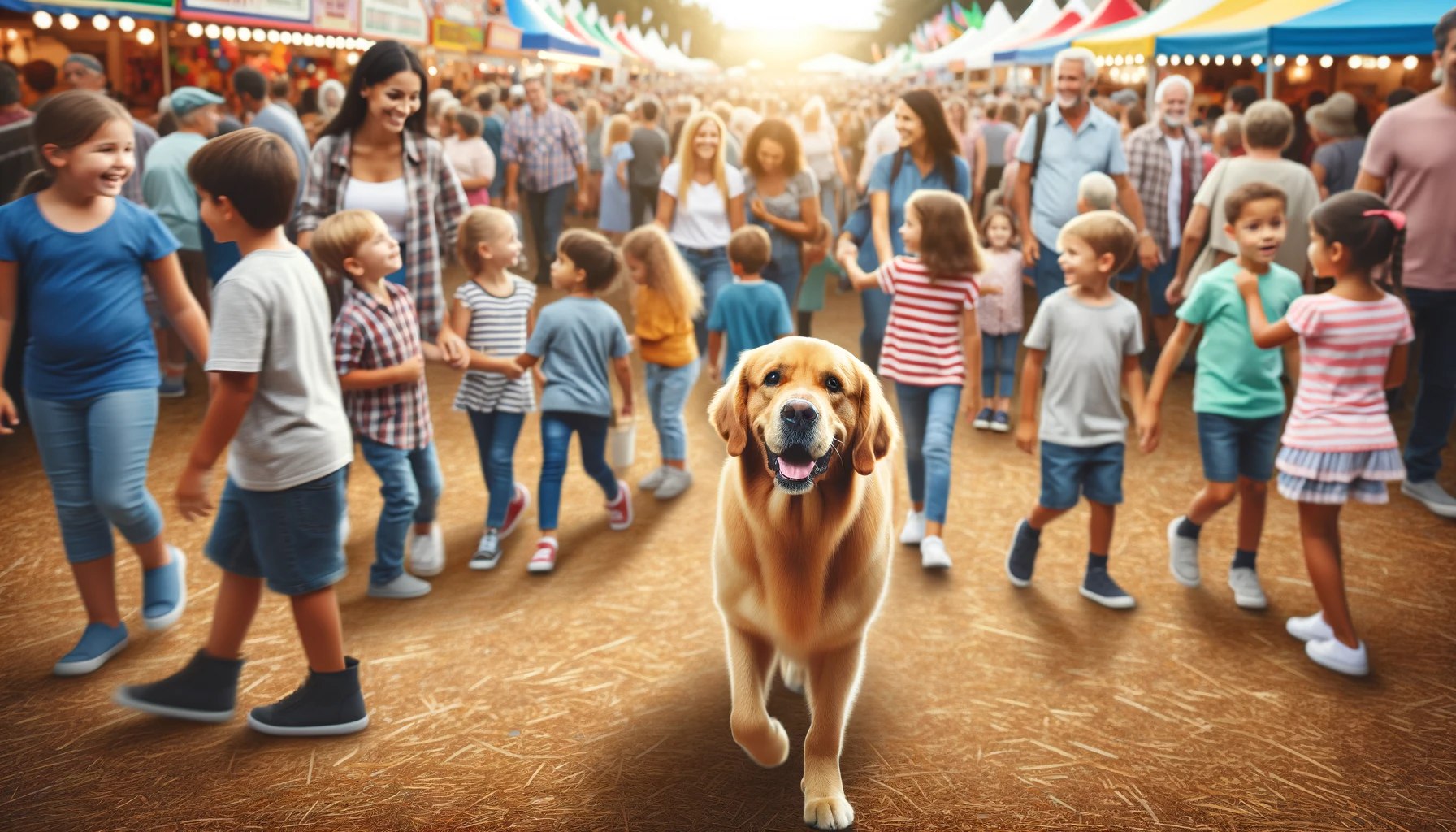 A Goldador happily interacting with children and adults at a community fair, illustrating its well-socialized demeanor