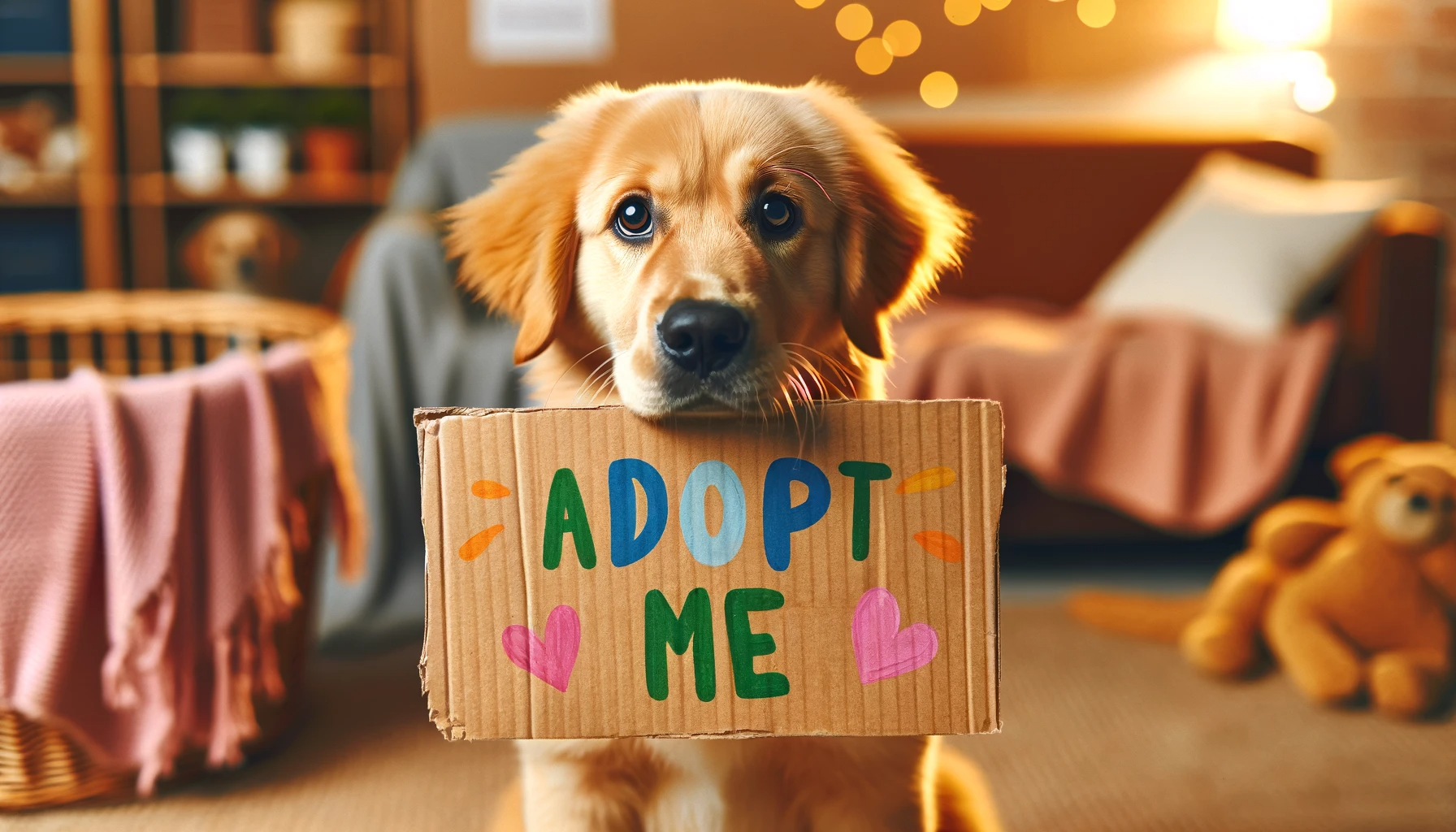 A Goldador holding an 'Adopt Me' sign in its mouth, making a compelling case for why it should be your next family member