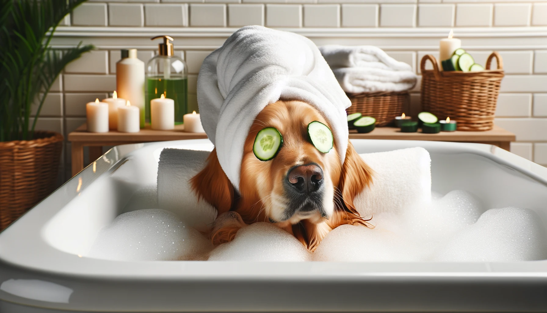 A Goldador luxuriating in a bubble bath, with cucumbers on its eyes and a towel wrapped around its head
