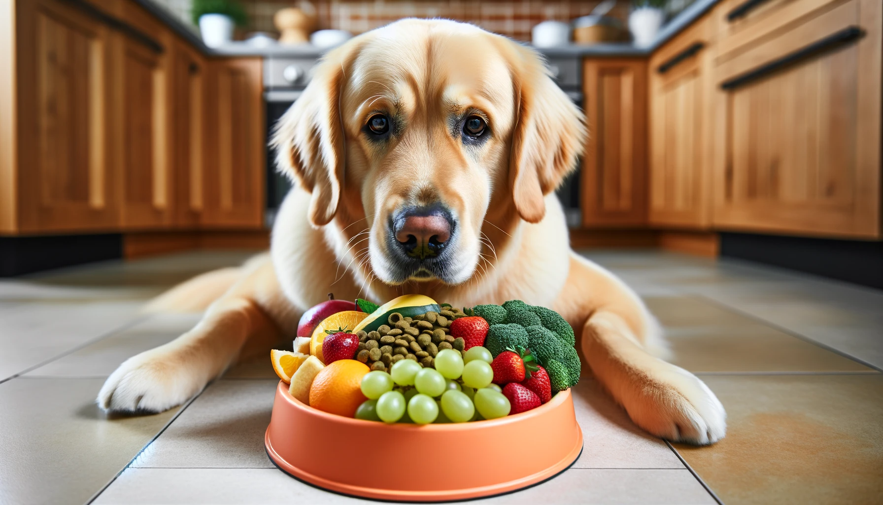 A Goldador munching on a colorful bowl of kibble, fruits, and veggies, looking like a true foodie