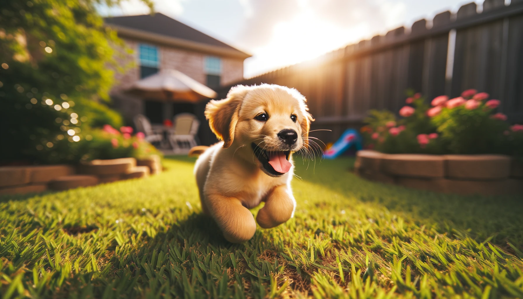 A Goldador puppy frolicking in the yard, unaware that its cuteness is practically illegal