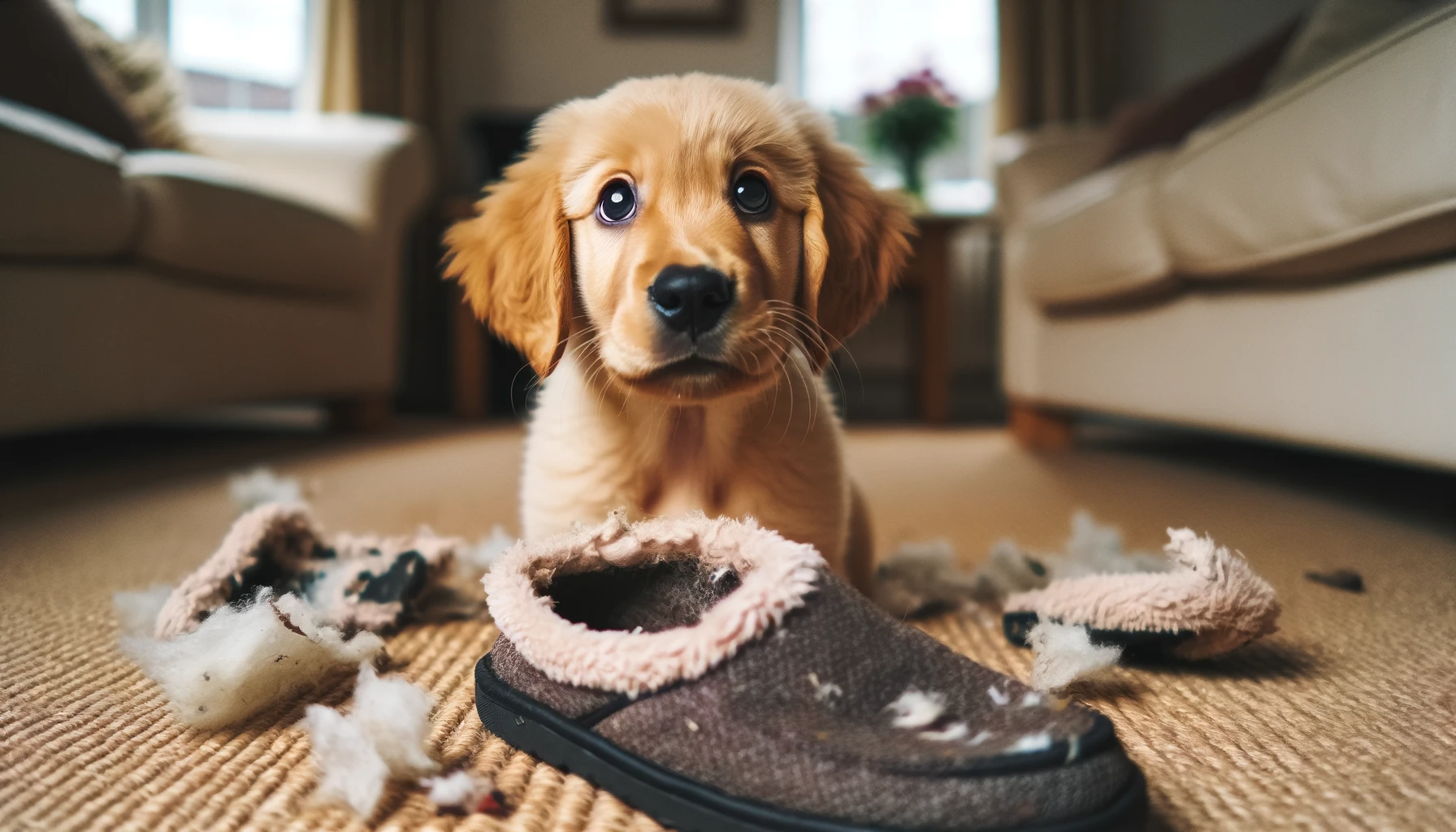 A Goldador puppy giving its best who, me look after chewing up a slipper