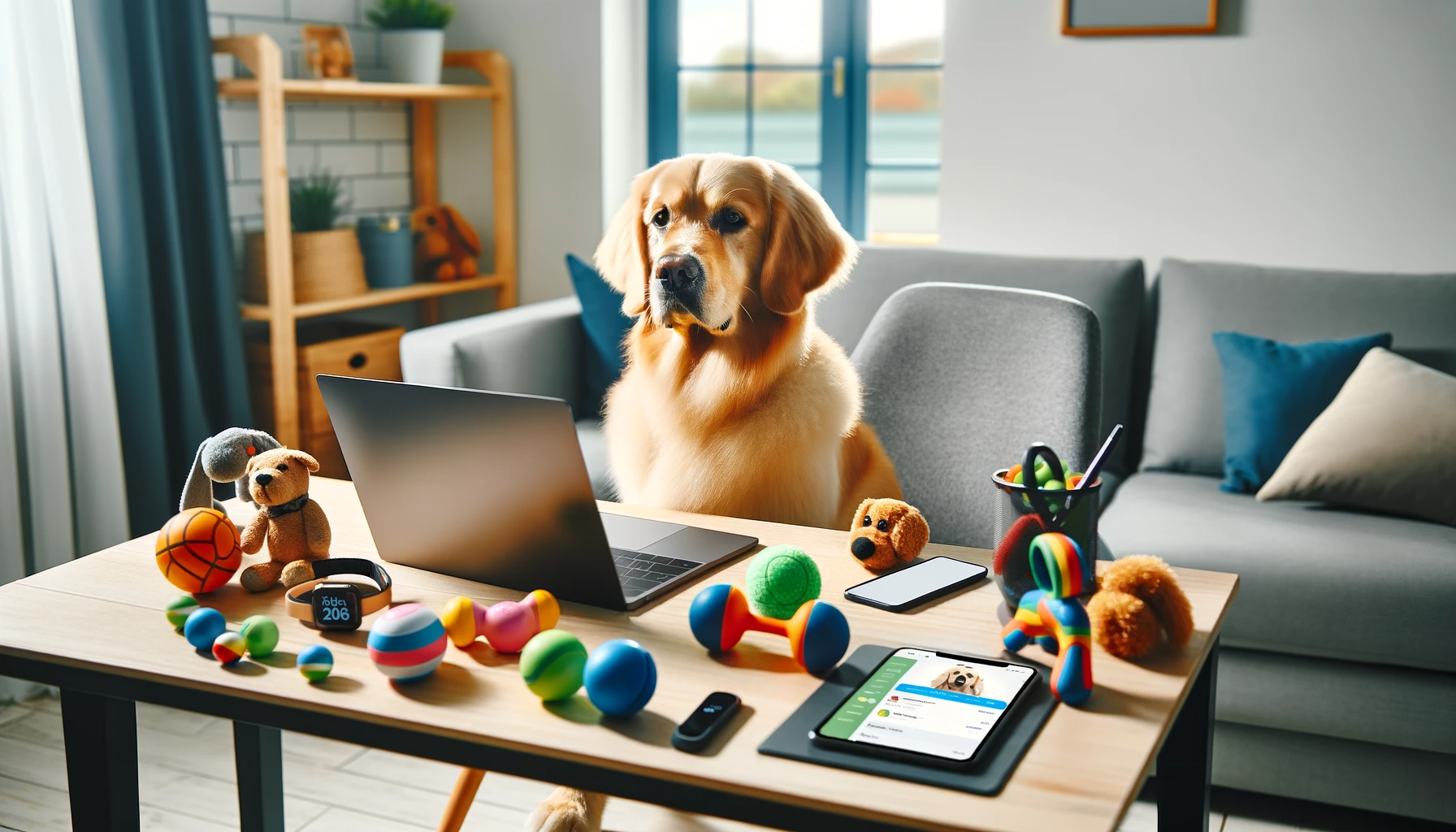 A Goldador sitting at a desk, surrounded by dog toys, a laptop, and a fitness tracker, looking like it’s got its life more sorted than most of us