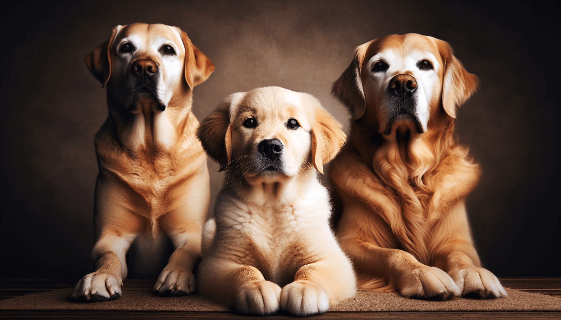 A Goldador sitting like royalty between its Labrador and Golden Retriever parents, as if posing for a family portrait