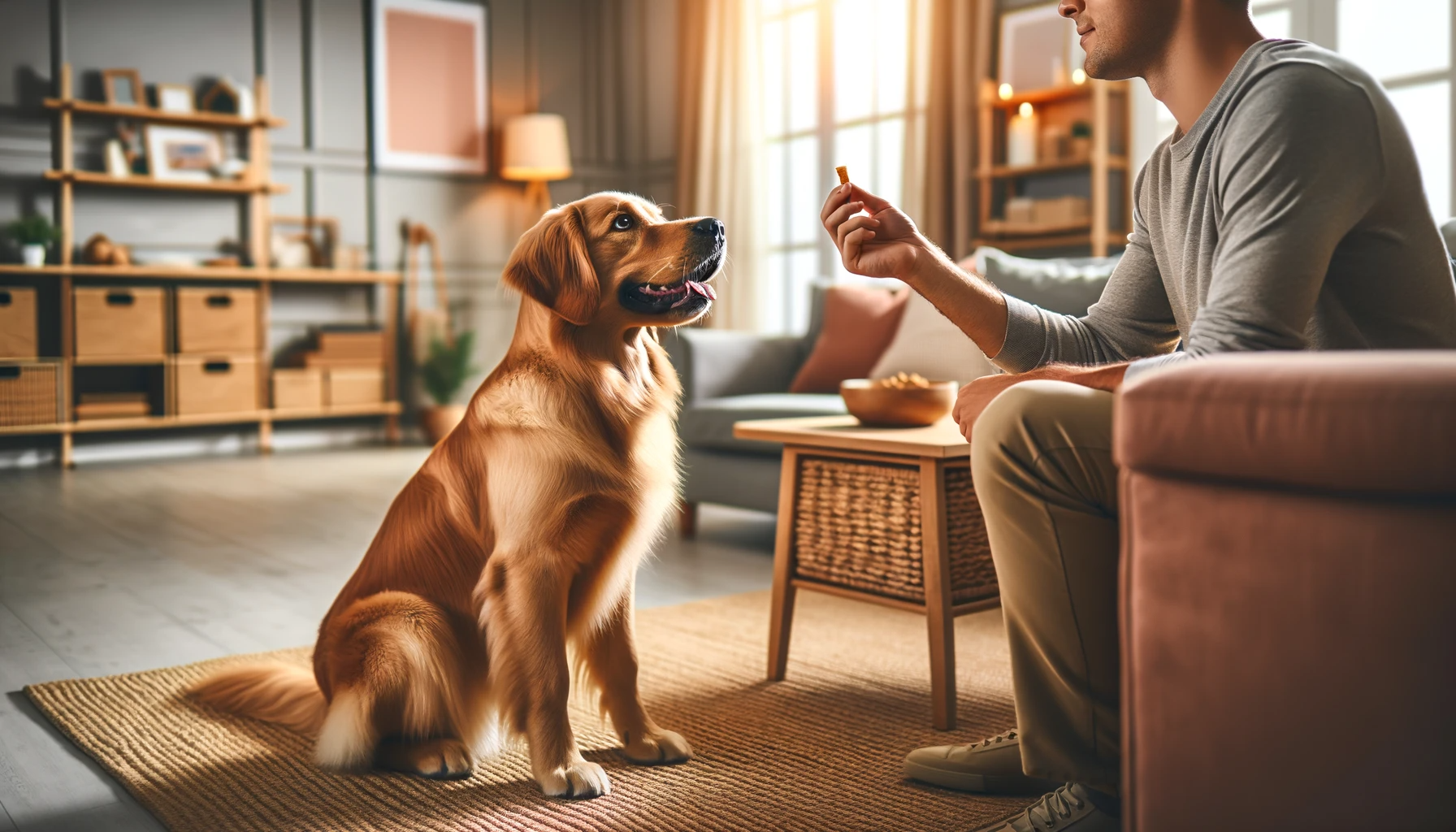 A Goldador sitting obediently in a living room, looking attentively at its owner who is holding a treat