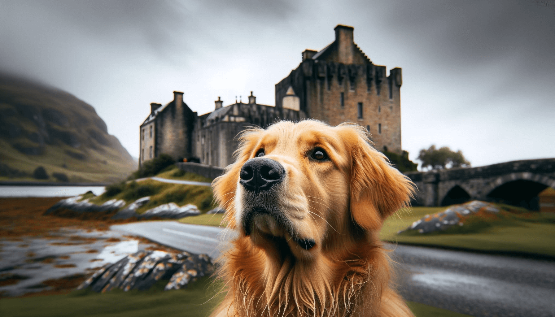 A Golden Retriever looking all majestic in front of a Scottish castle, contemplating the meaning of life, or maybe just thinking about treats