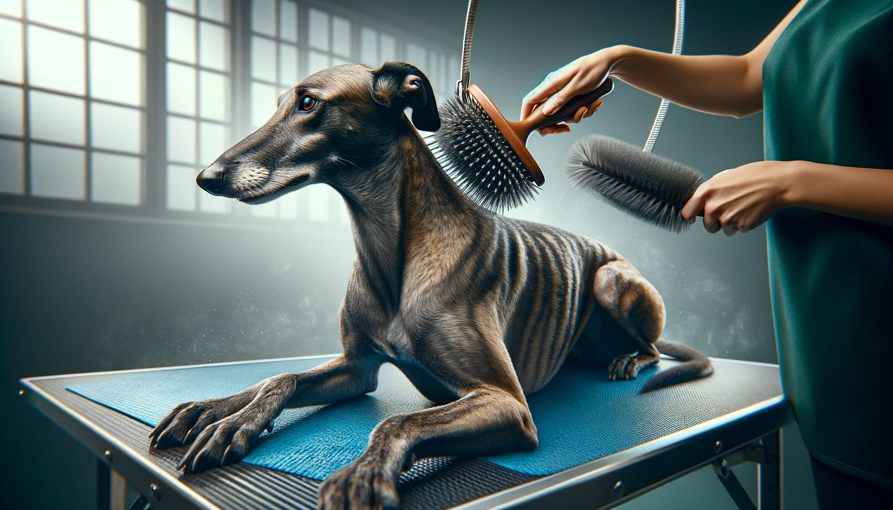 A Greyhound Lab mix getting a luxurious brush down