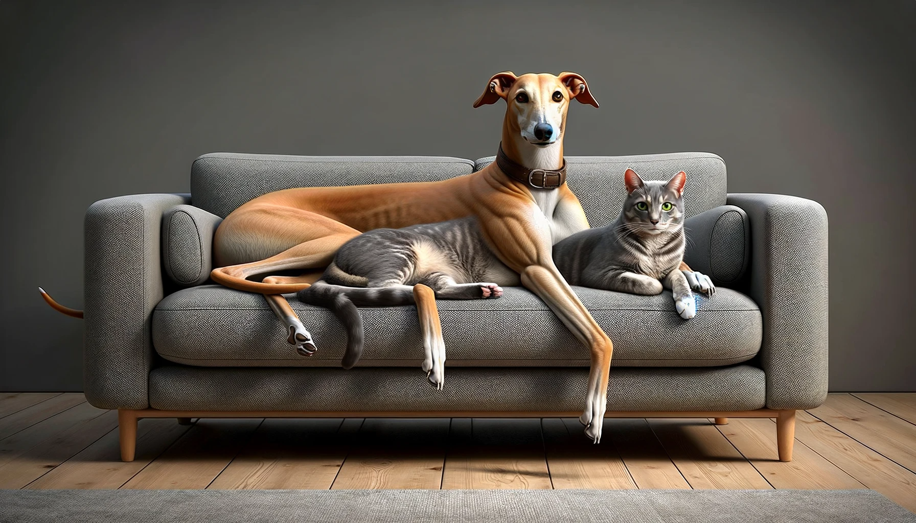 A Greyhound mix with Lab and a cat chilling on the same couch