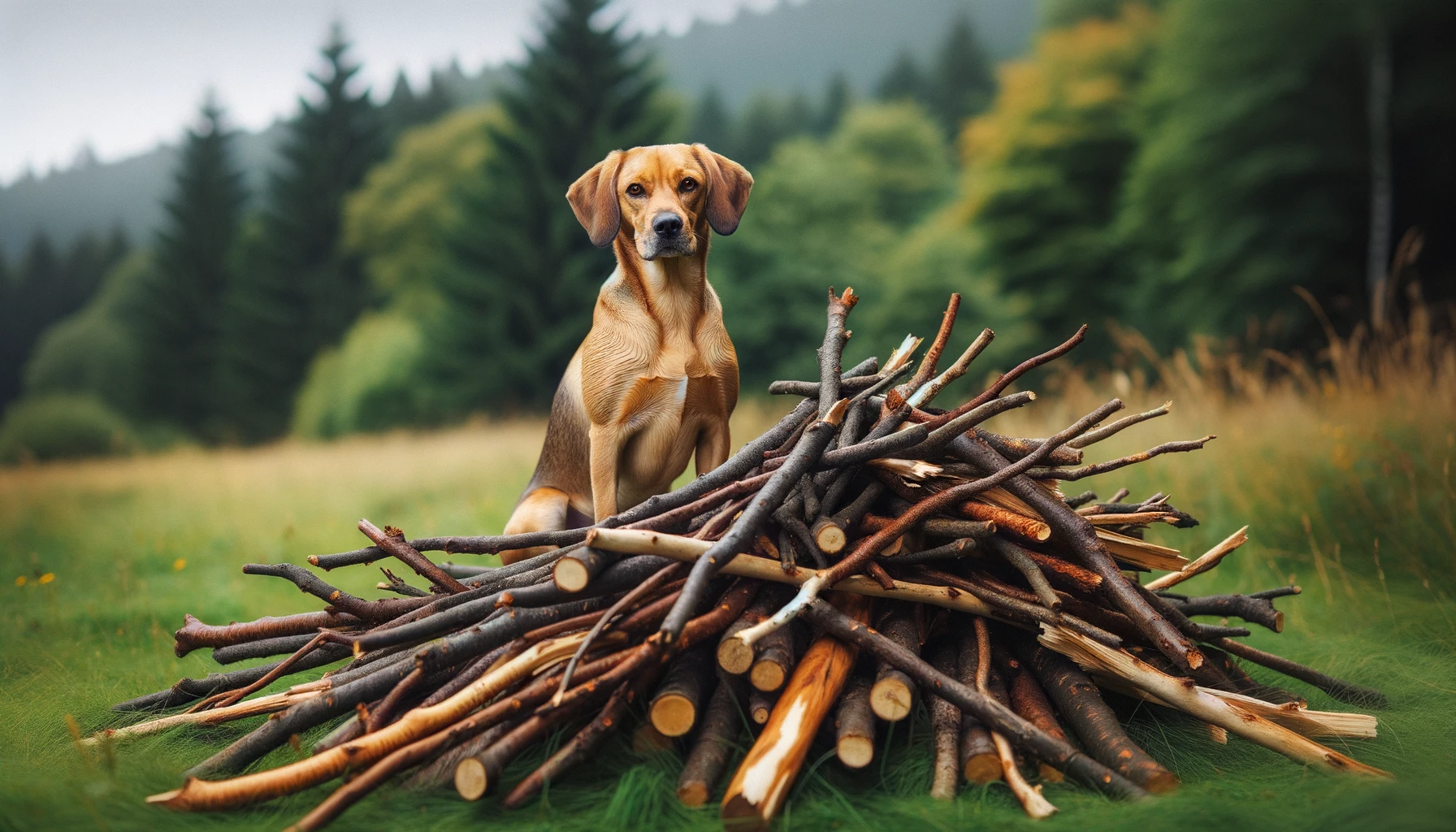 A Lab Hound Mix Standing Triumphantly Next to a Pile of Sticks It Has Fetched, Showcasing Its Retriever Skills