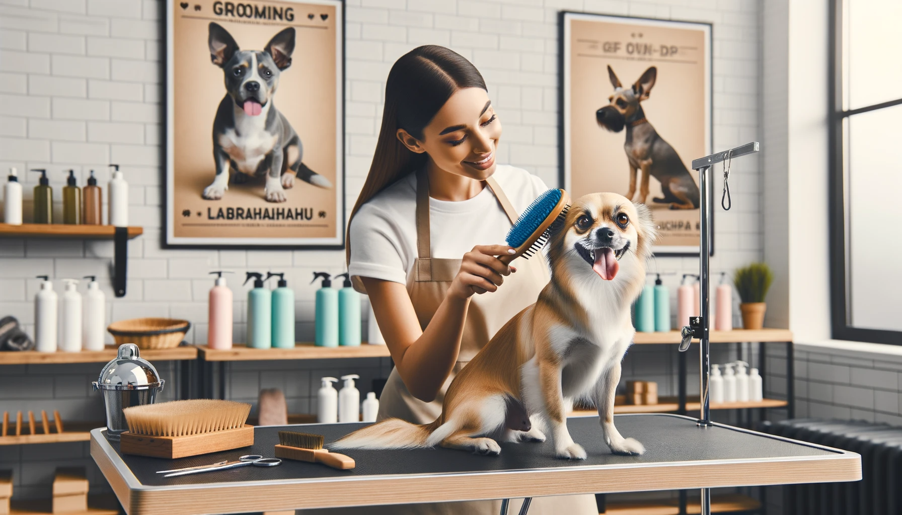 A Labrahuahua being pampered in a grooming salon, illustrating the self-care lifestyle that suits this Chihuahua Lab mix