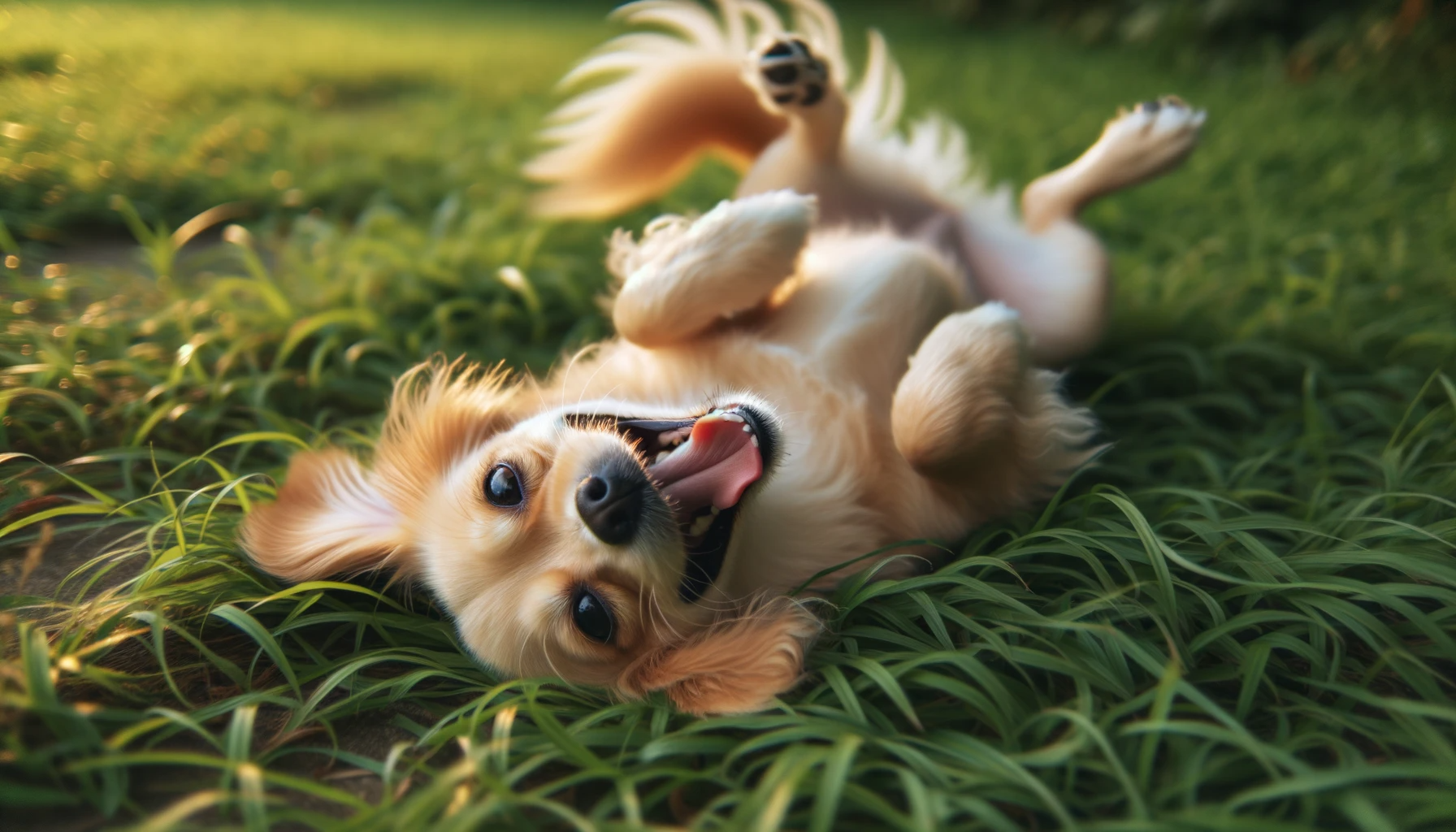 A Labrahuahua rolling in the grass with joy