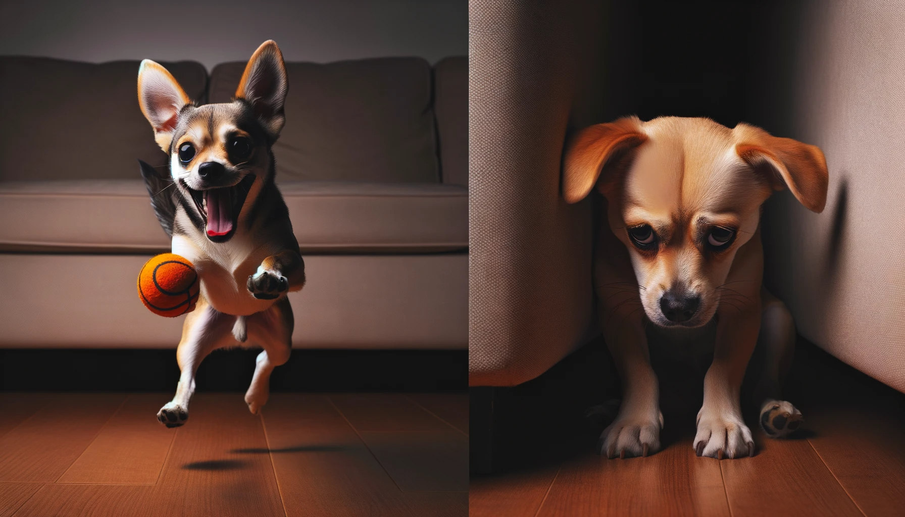 A Labrahuahua showcasing its mood swings, from jumping for joy to sulking in a corner