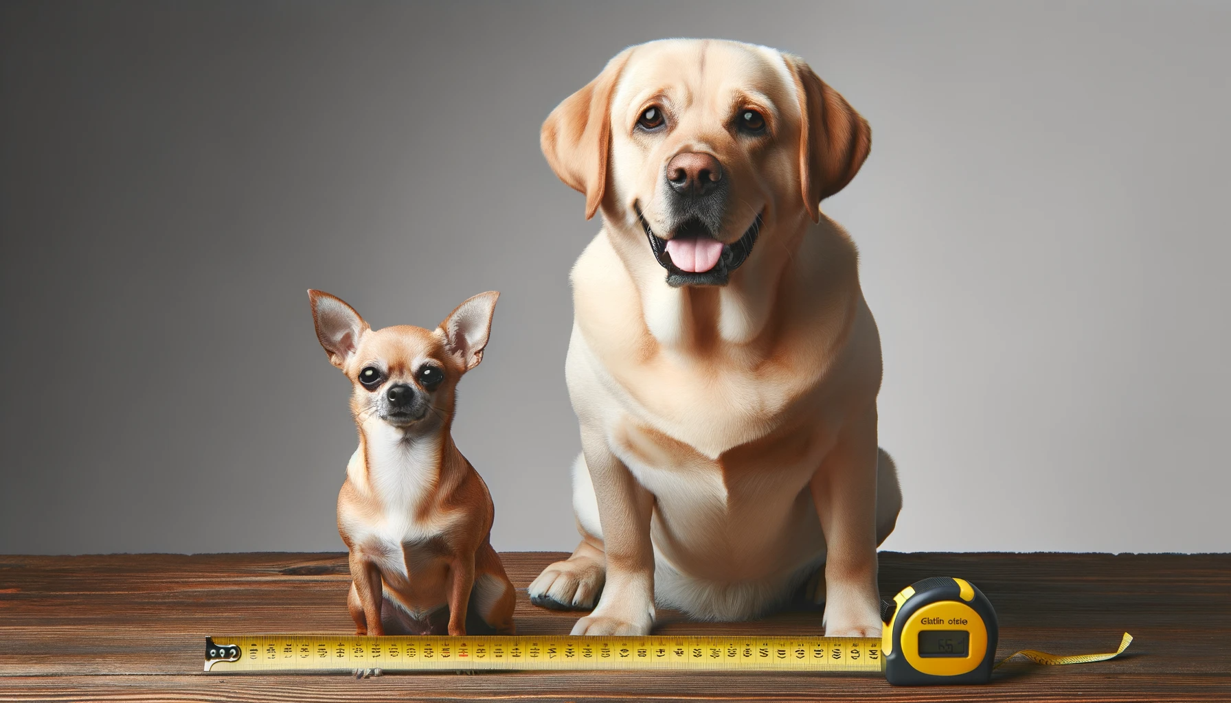A Labrahuahua sitting proudly next to a measuring tape, showcasing its unique size and proportions