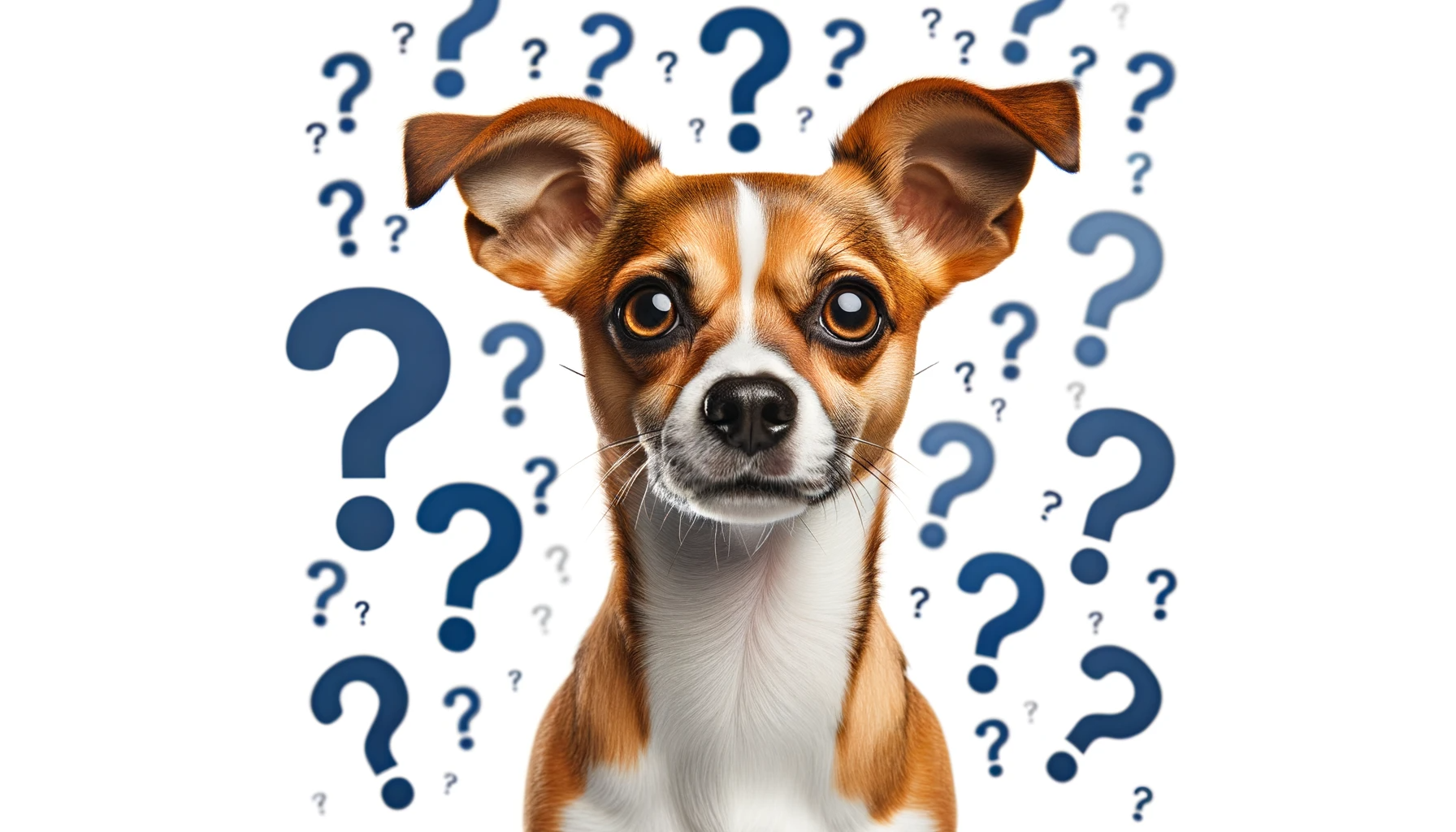 A Labrahuahua with a puzzled expression, surrounded by question marks, prompting the question of whether this breed is the right fit for you