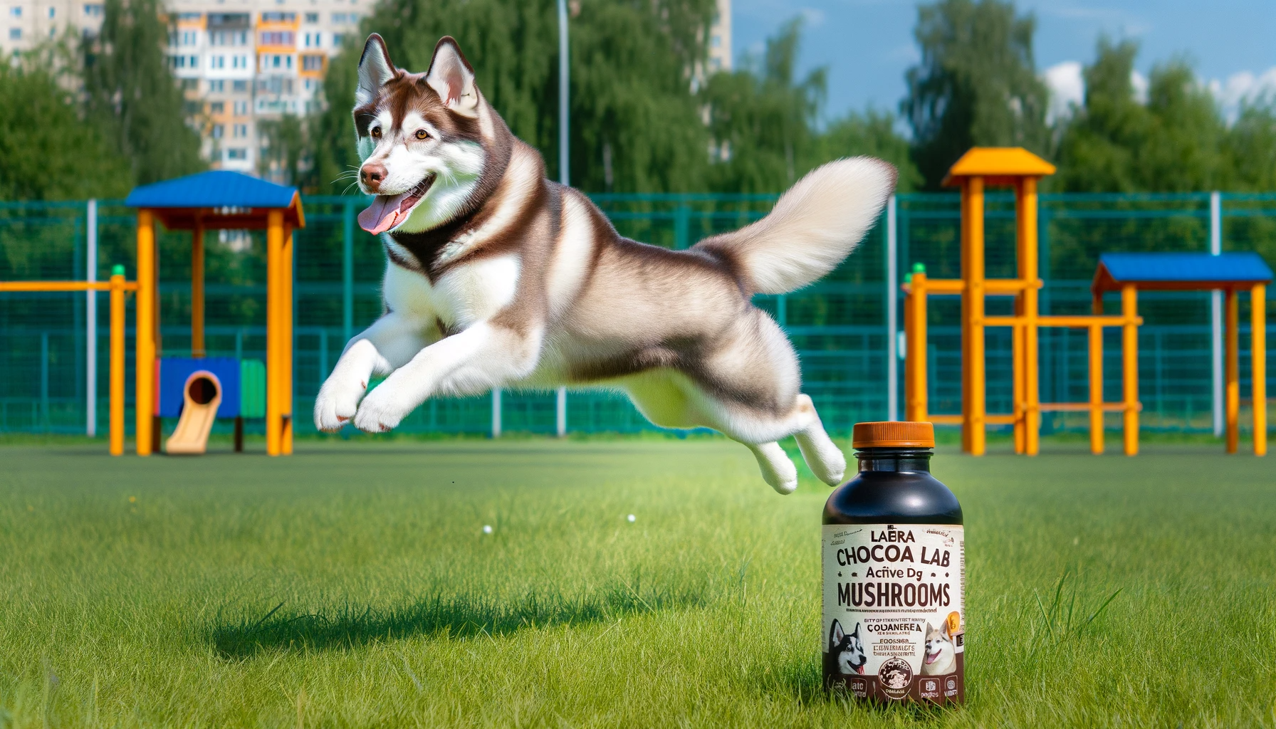 A Labrahusky in mid-leap at a dog park, Chocolate Lab Active Dog Mushrooms D214 in frame