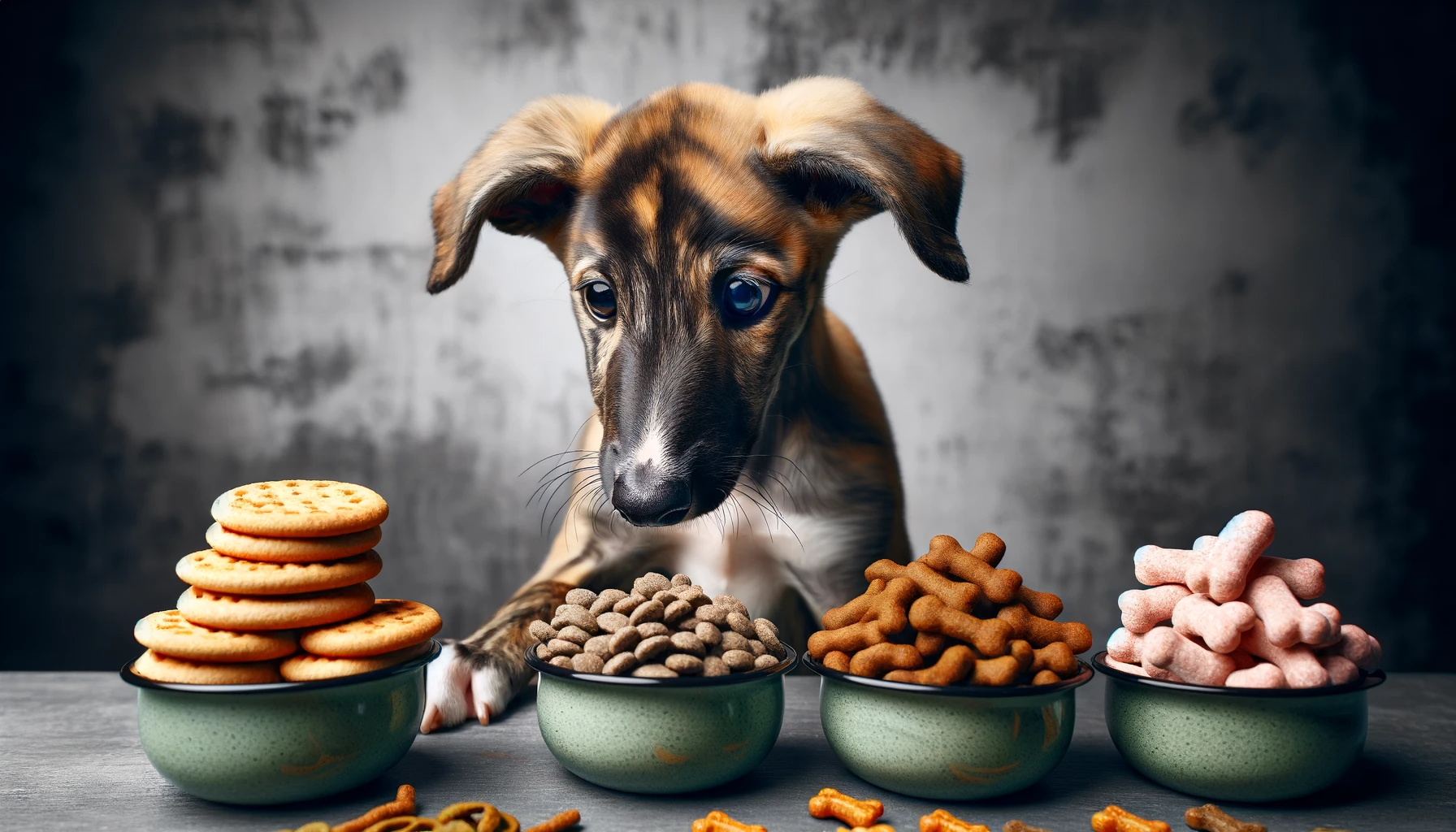 A Lurcher dog, which is similar to a Greyador, choosing between various healthy treats
