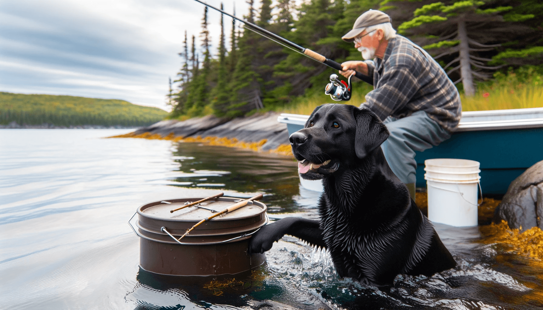 A black Labrador Retrievers actively participating in a fishing adventure with Canadian fishermen