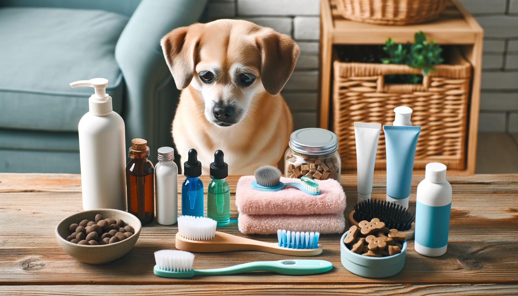 A collection of wellness items like brushes, doggy toothpaste, and healthy treats perfect for a Labrahuahua's grooming and health regimen