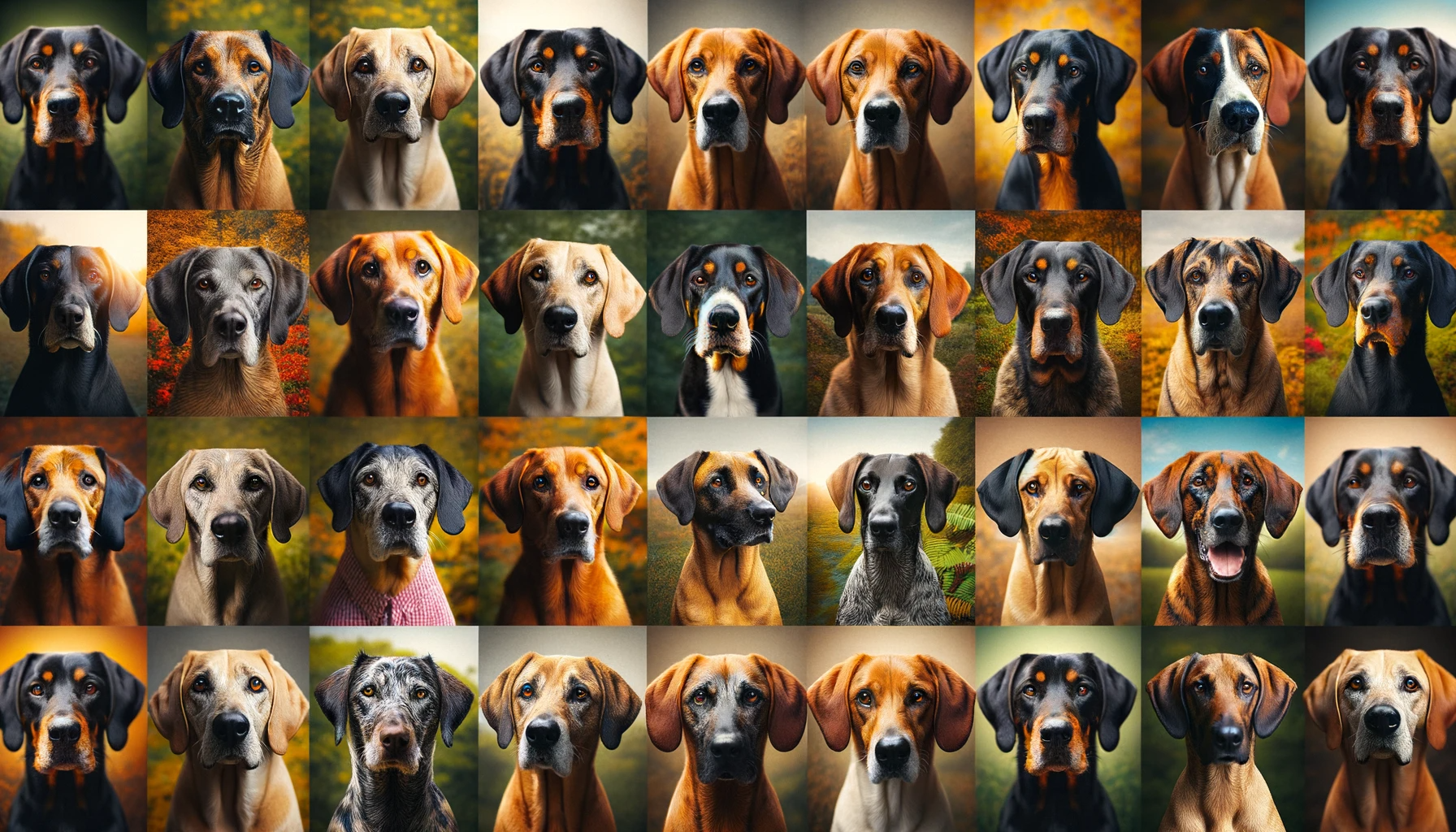 A colorful collage featuring a variety of Lab Hound mixes, each flaunting their unique traits