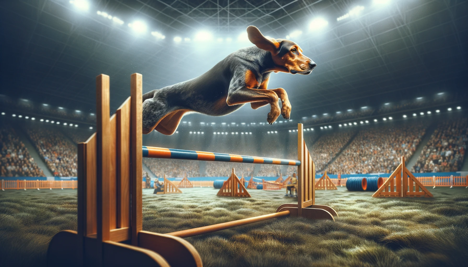 A Coonhound Lab Mix Clearing a High Hurdle with Agility and Grace, Showcasing Its Unique Athletic Abilities