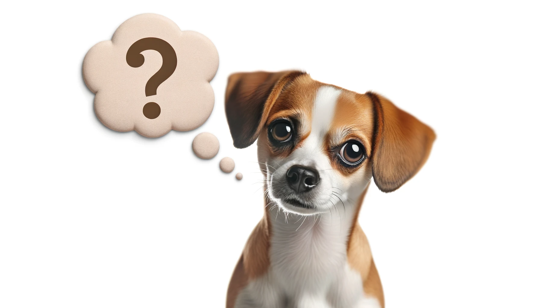 A curious Labrahuahua with a thought bubble containing a question mark, symbolizing the questions you might have