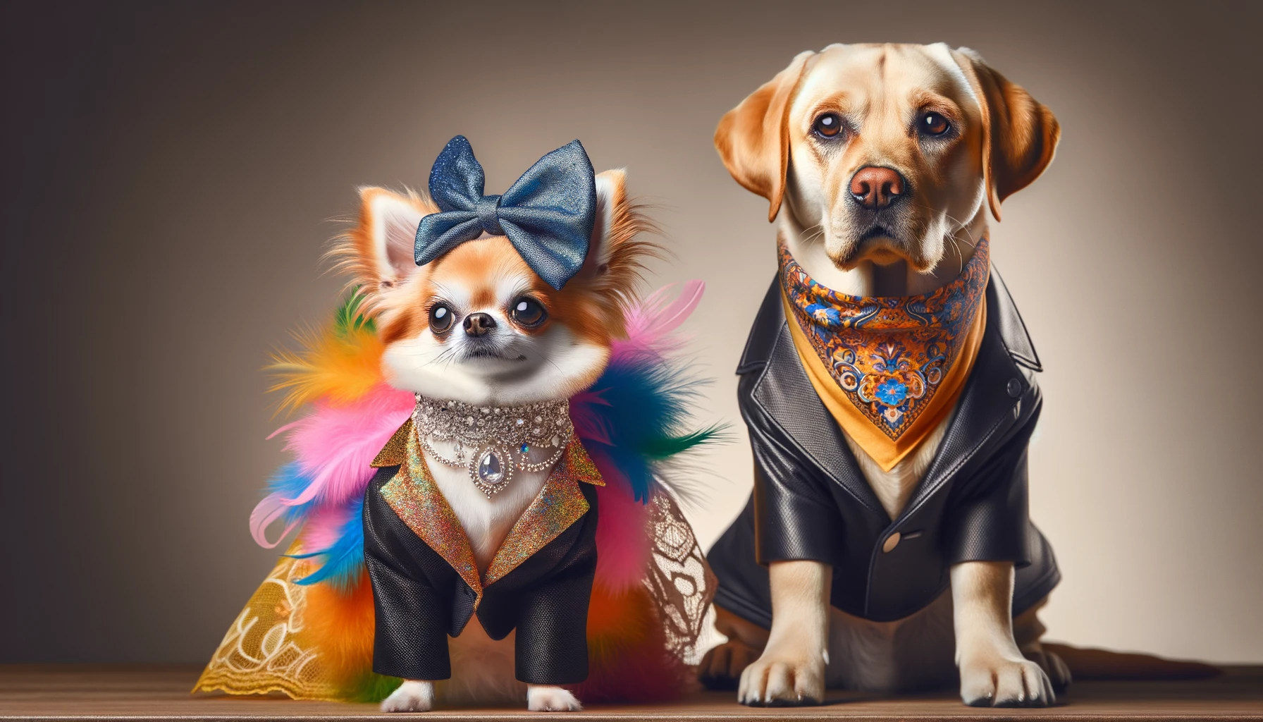 A dazzling Chihuahua dressed in a sequined outfit next to a Labrador Retriever adorned with a superhero cape, embodying the vibrant mix of traits found in a Labrahuahua