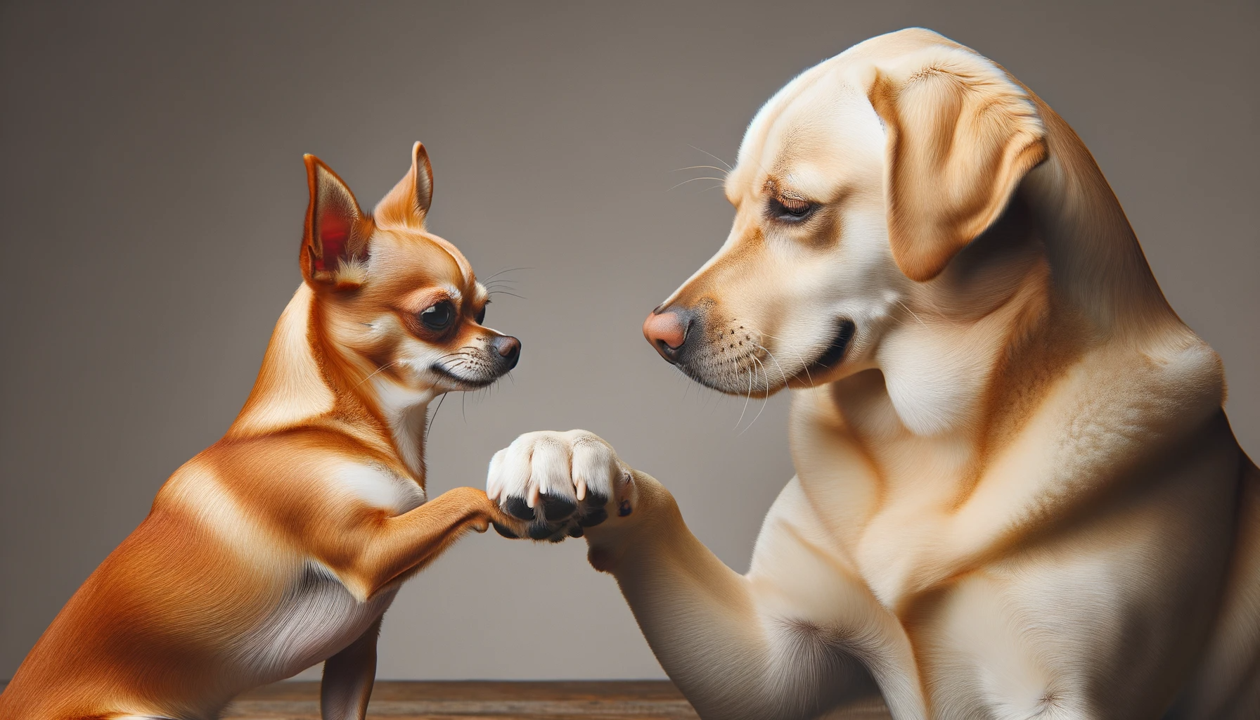 A feisty Chihuahua and a laid-back Labrador Retriever paw-bumping as if to say, 'We got this!'