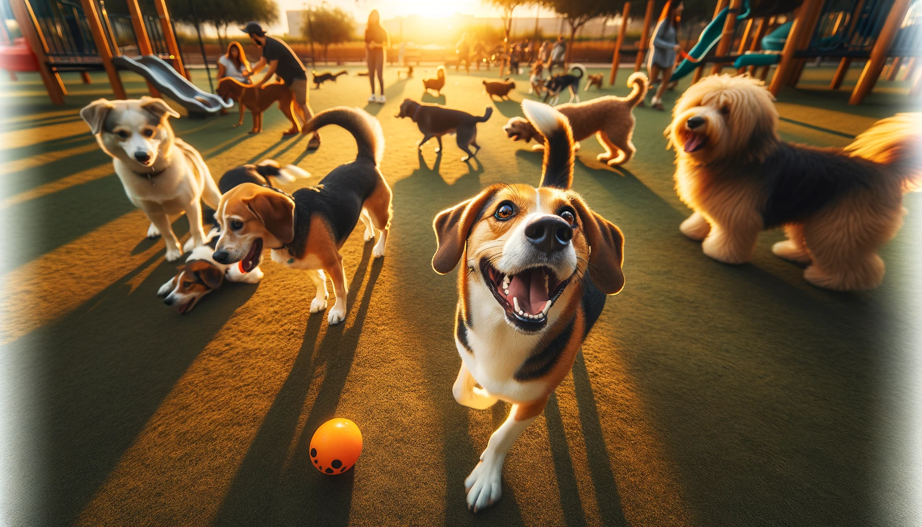 Happy Beagle Lab Mix (Beadador) playing in the park with other dogs