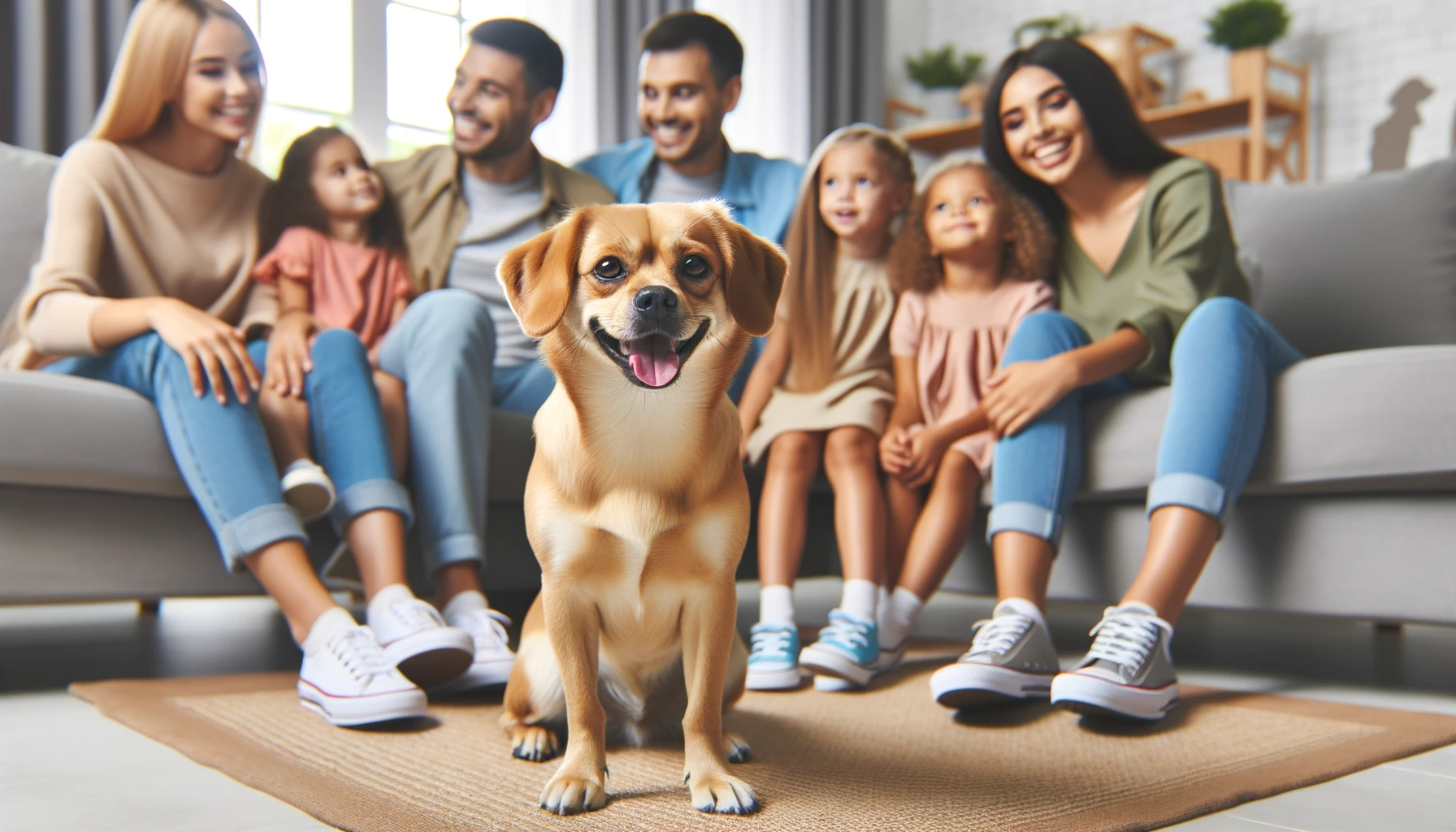 A happy Labrahuahua sitting in the middle of a joyful family, encapsulating the breed's potential role as a fantastic family pet