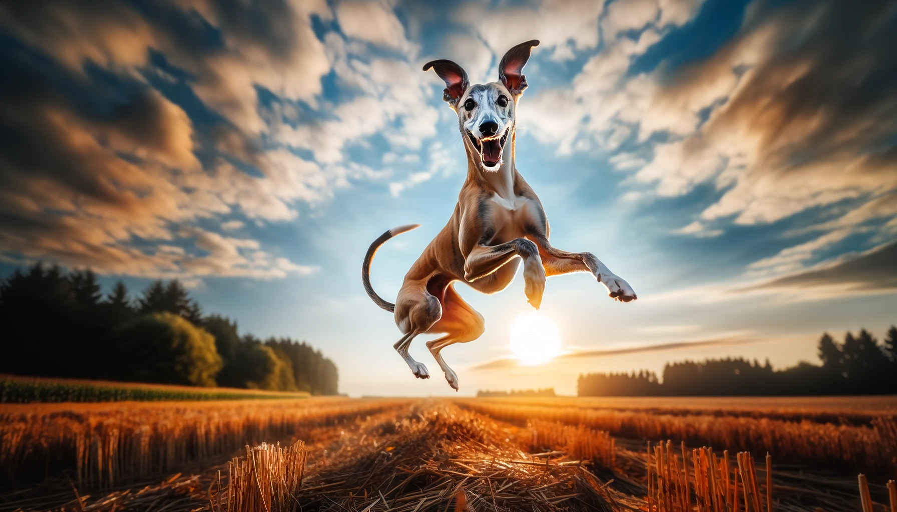 A jubilant Greyhound Lab mix leaping through a field