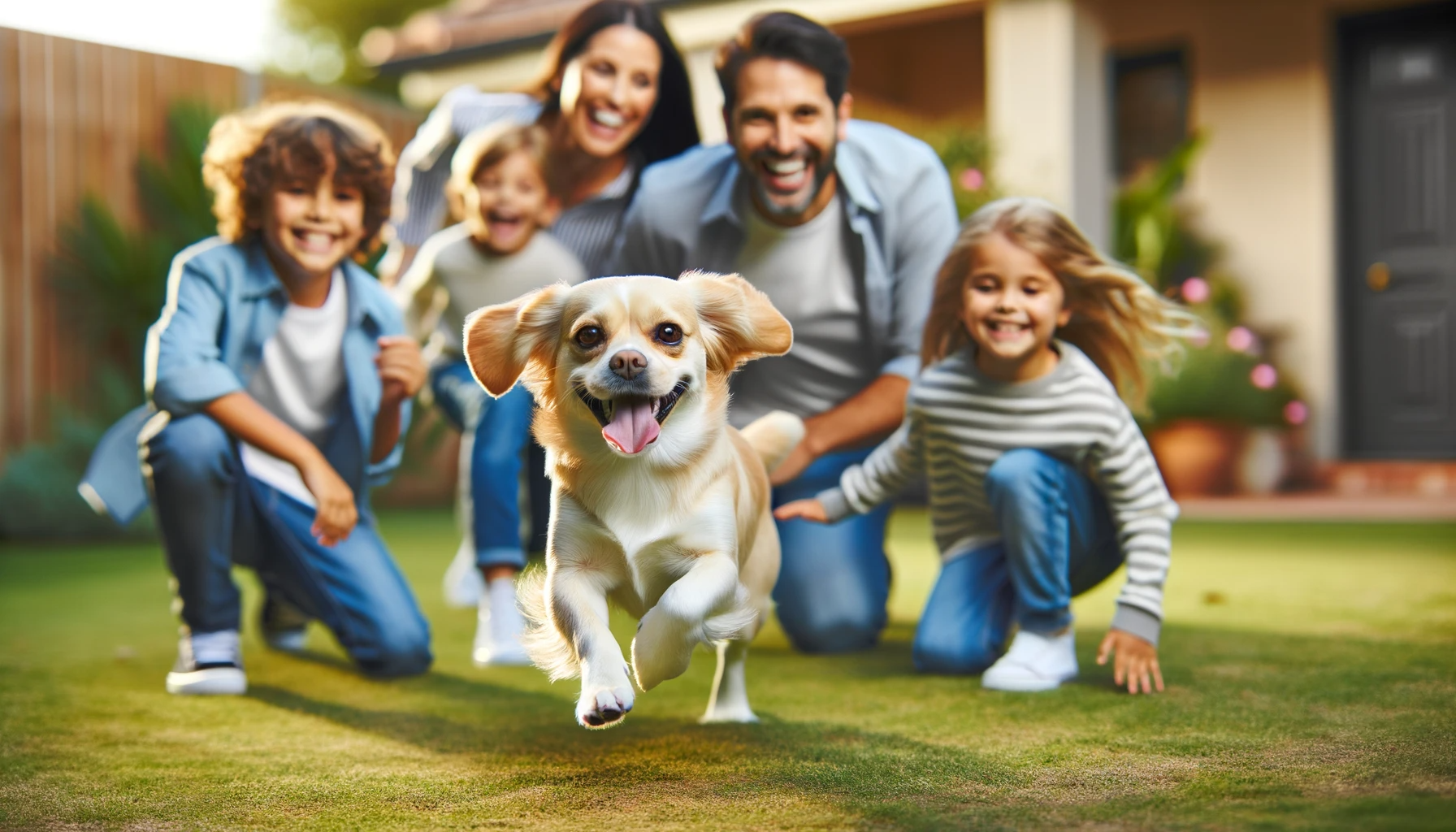 A playful Labrahuahua running through the yard, surrounded by a smiling family