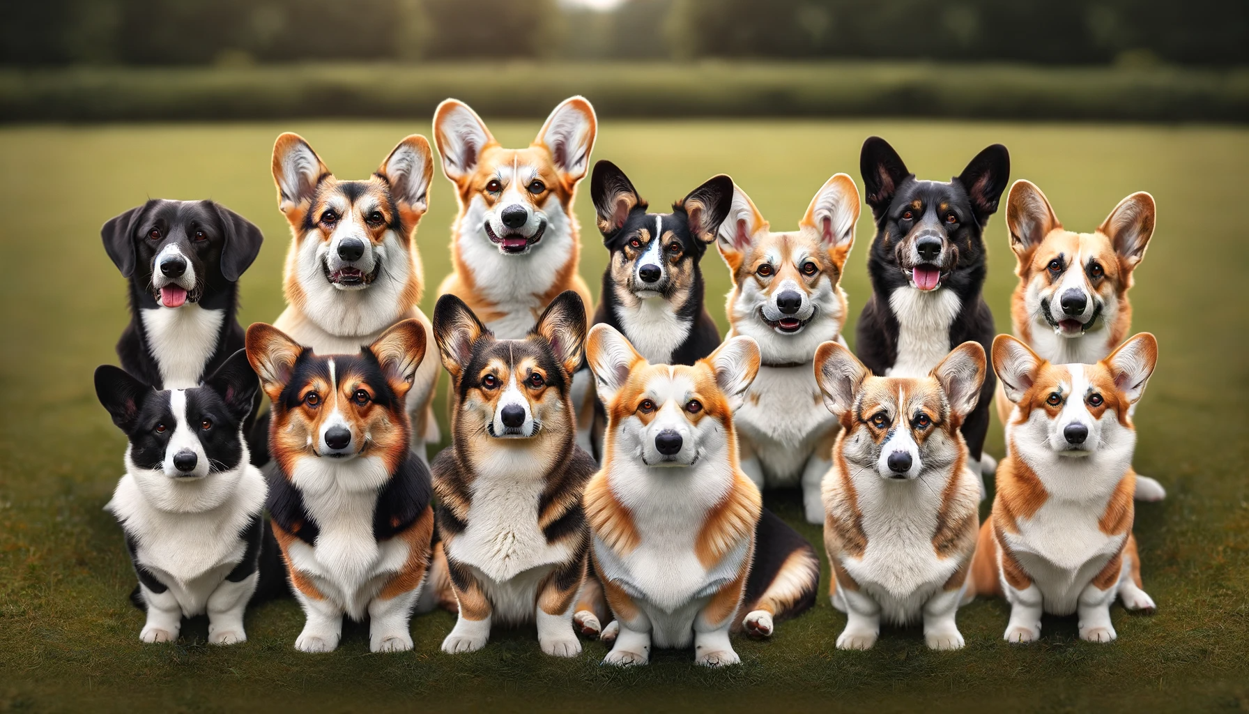 A row of diverse Corgi mixes showing off their unique looks