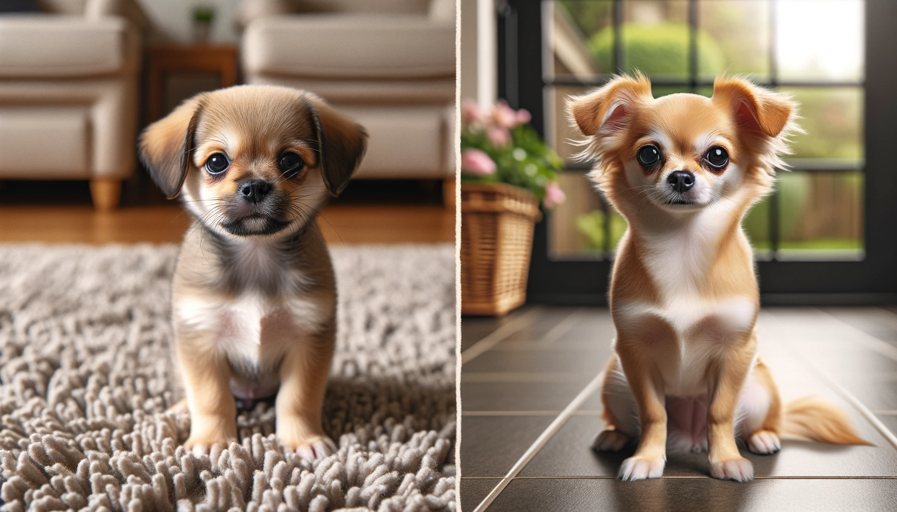 A split-screen comparison of a Labrahuahua puppy from a breeder and one from a shelter