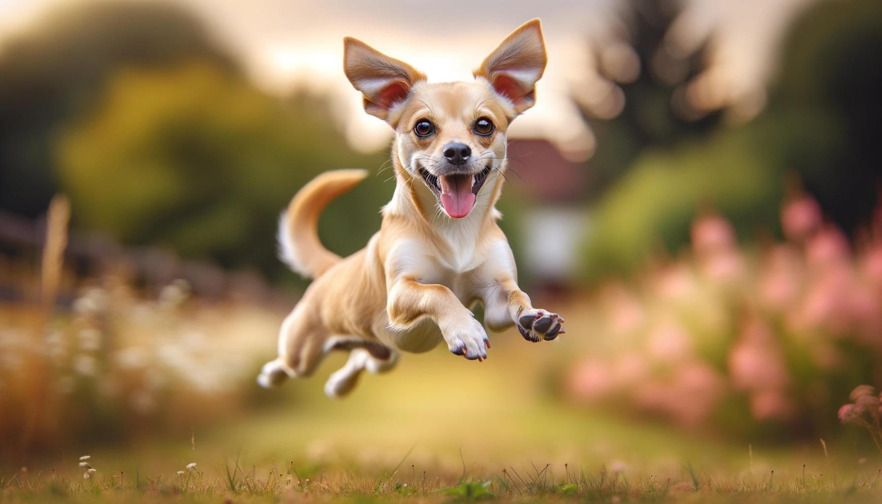 A sprightly Labrahuahua leaping in the air, capturing the unpredictable and dynamic nature of this Chihuahua Retriever mix