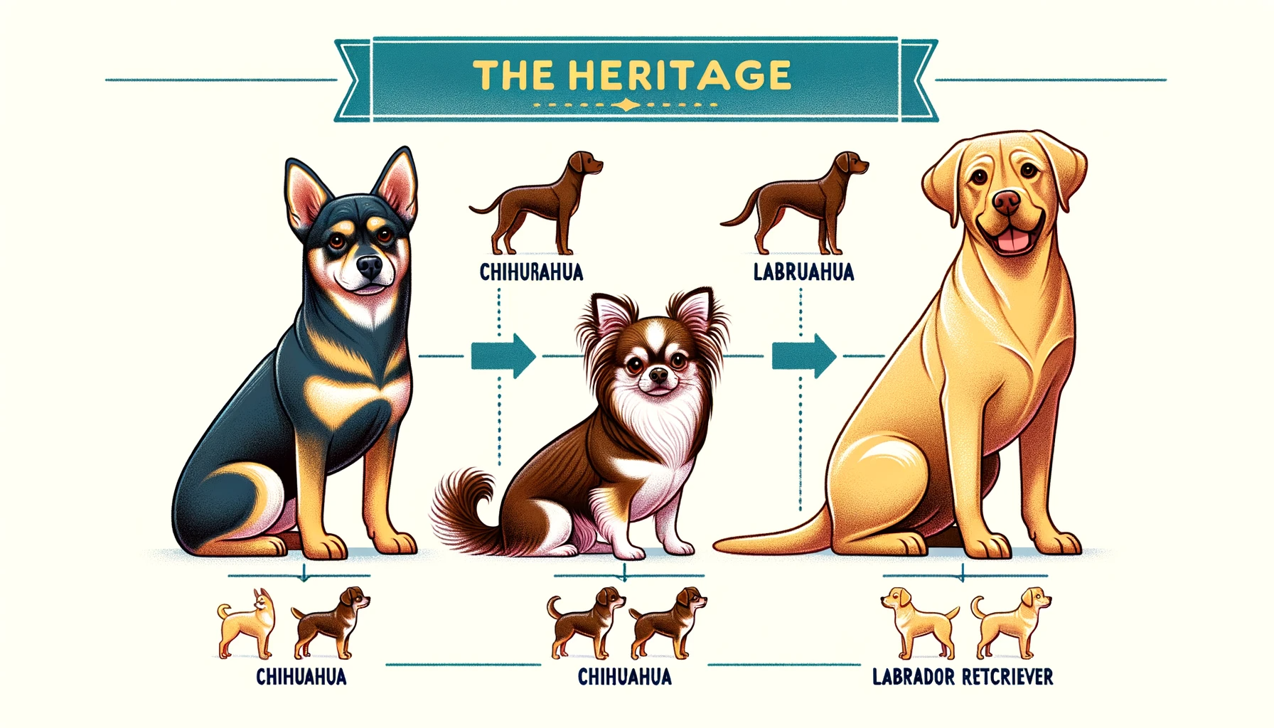A timeline featuring a Chihuahua, a Labrador Retriever, and their adorable mix, the Labrahuahua