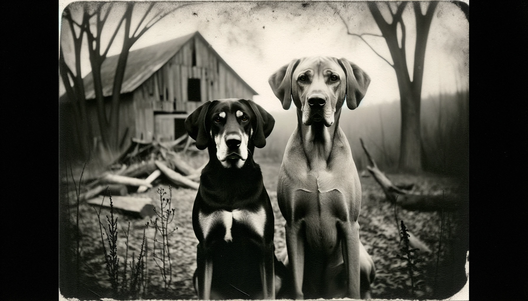 A vintage black-and-white snapshot of a Plott Hound Mix with Lab and a Labrador, showcasing their majestic lineages