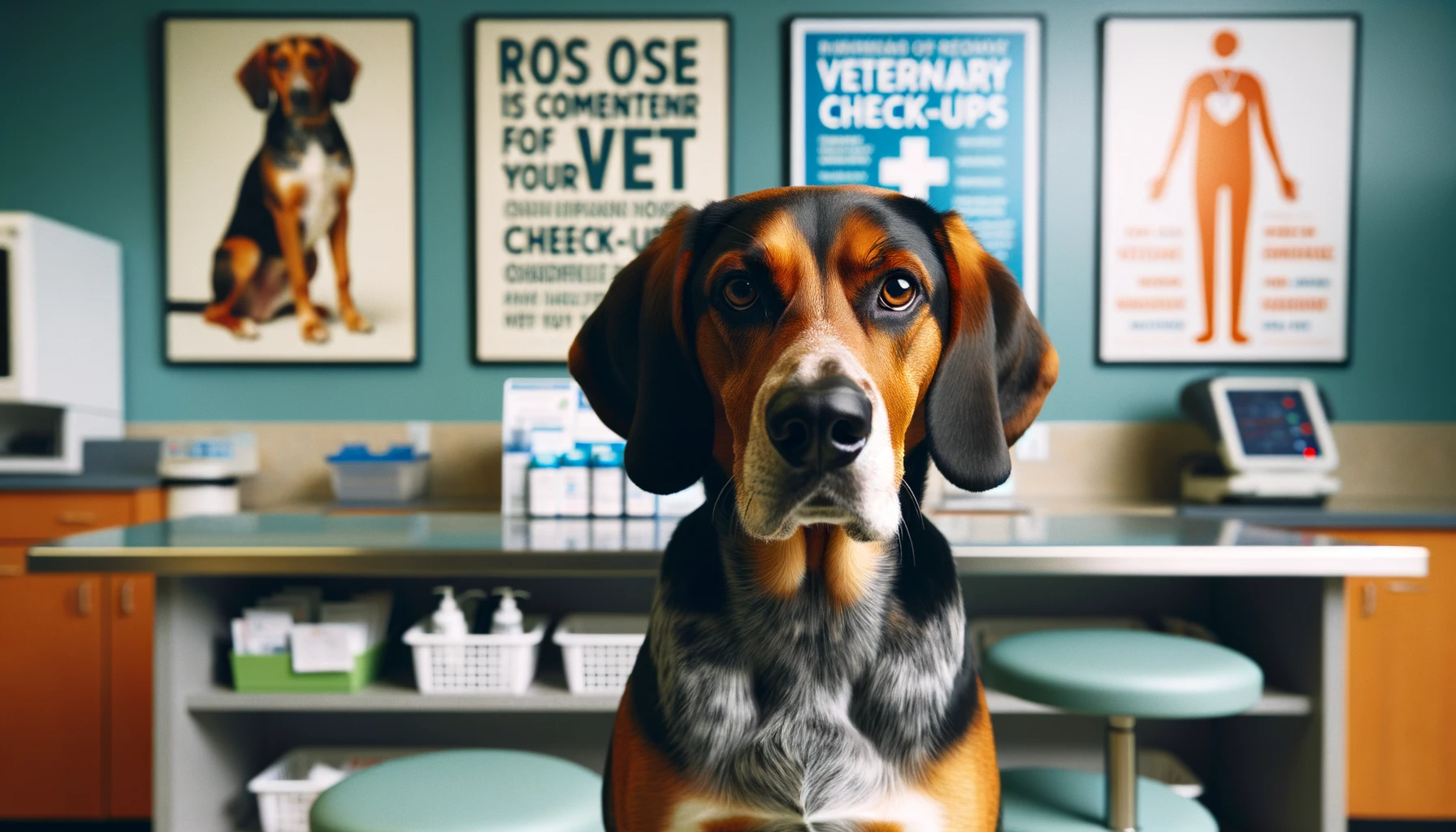 A Well-Behaved Coonhound Lab Mix Waiting Patiently for Its Vet Check-up, Illustrating the Importance of Regular Veterinary Visits