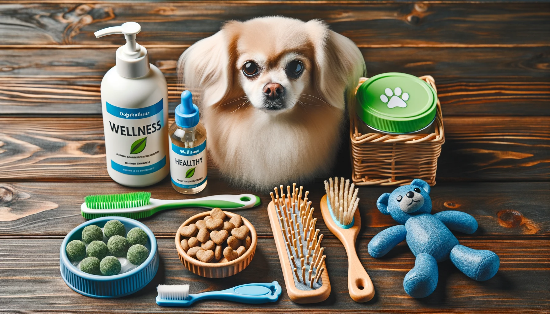 An assortment of Labrahuahua care items including toys, grooming tools, and nutrient-rich foods