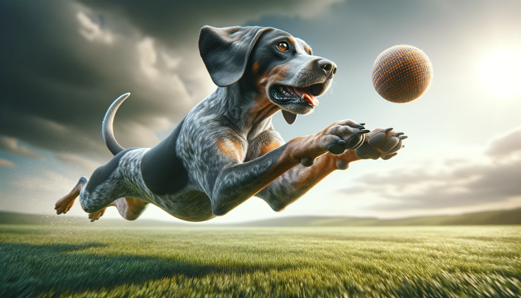 An Energetic Bluetick Hound Lab Mix Captured in Mid-Air Fetching a Ball