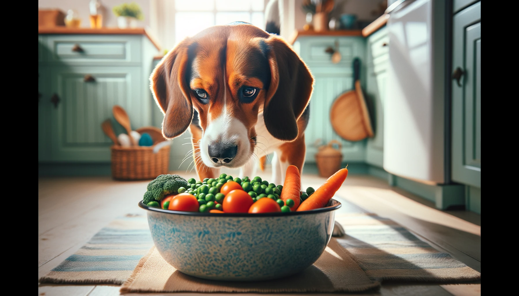 Beagle Lab Mix (Beadador) curiously sniffing a colorful bowl of vegetables, including carrots and peas