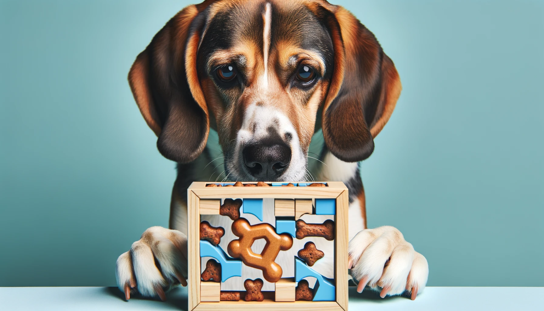 Beagador solving a puzzle toy to get treats