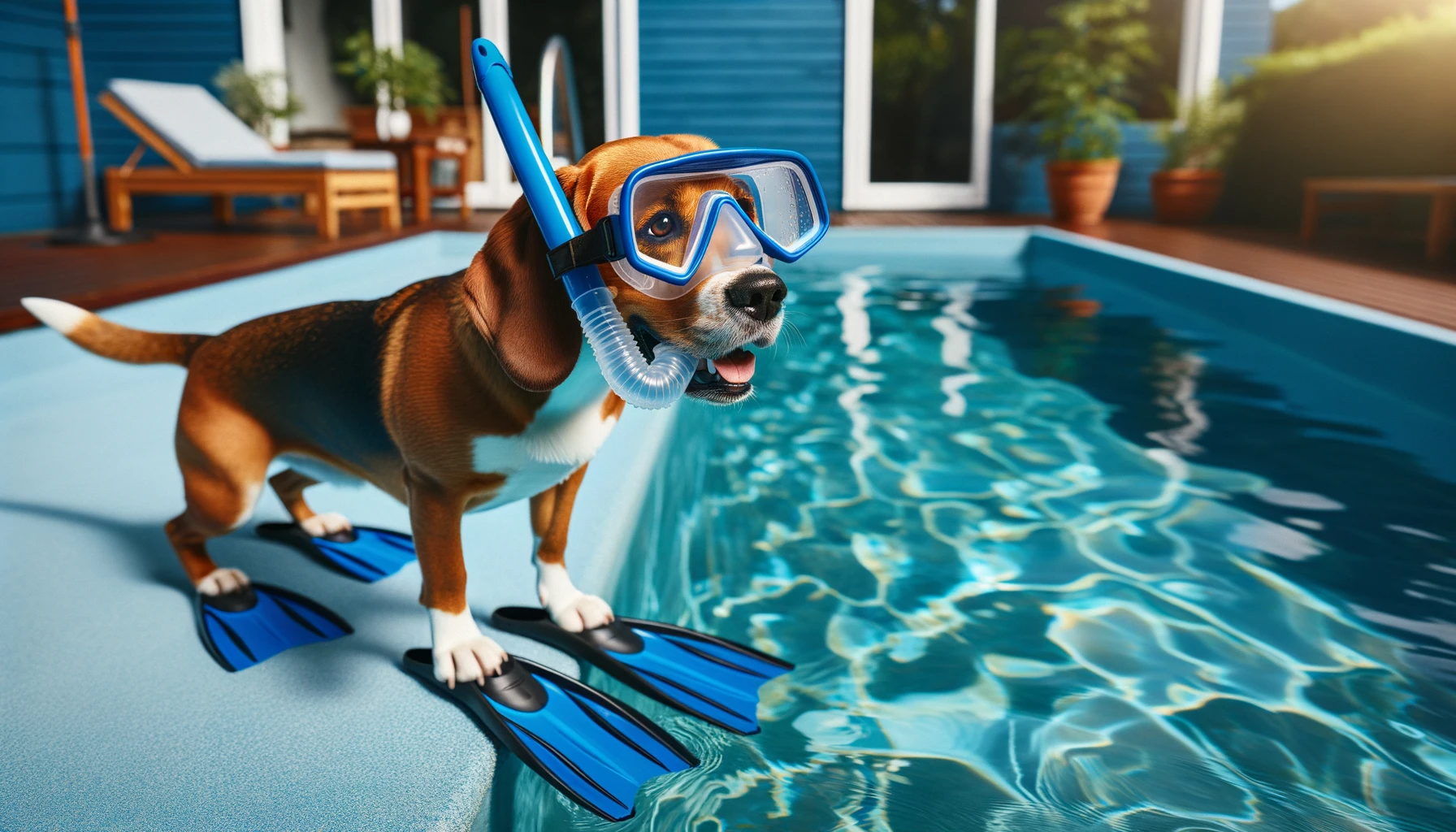 Beagador splashing in a pool in summer