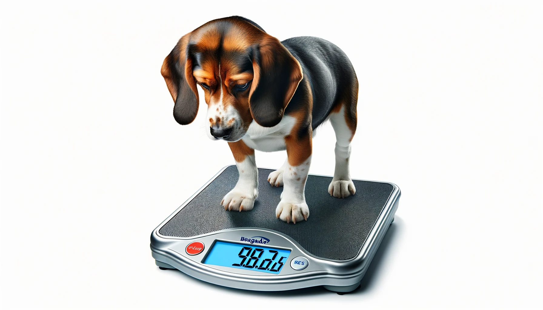 Beagador standing on a weighing scale