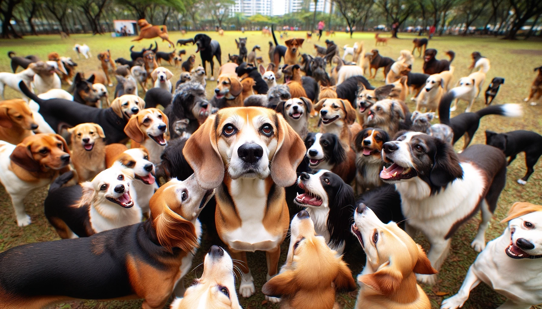 Beagador surrounded by a myriad of doggy pals, clearly the center of attention