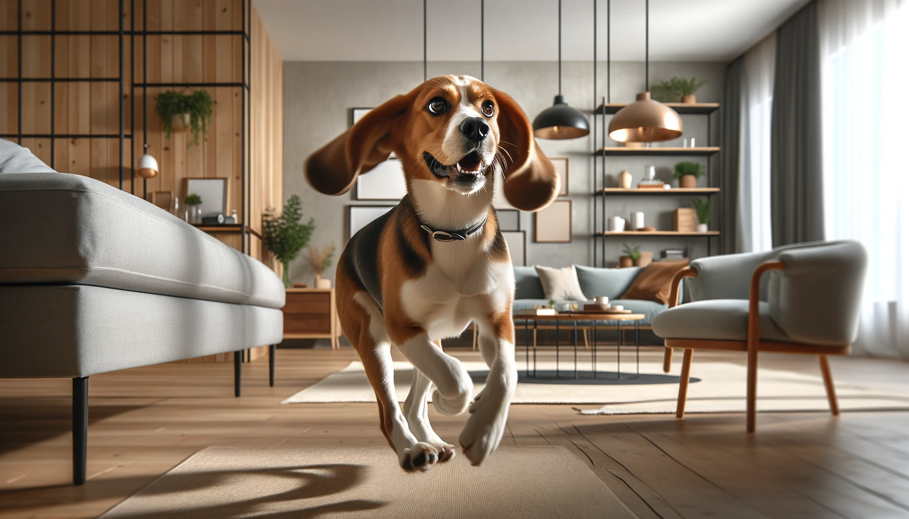 Beagador zooming around a well-furnished apartment