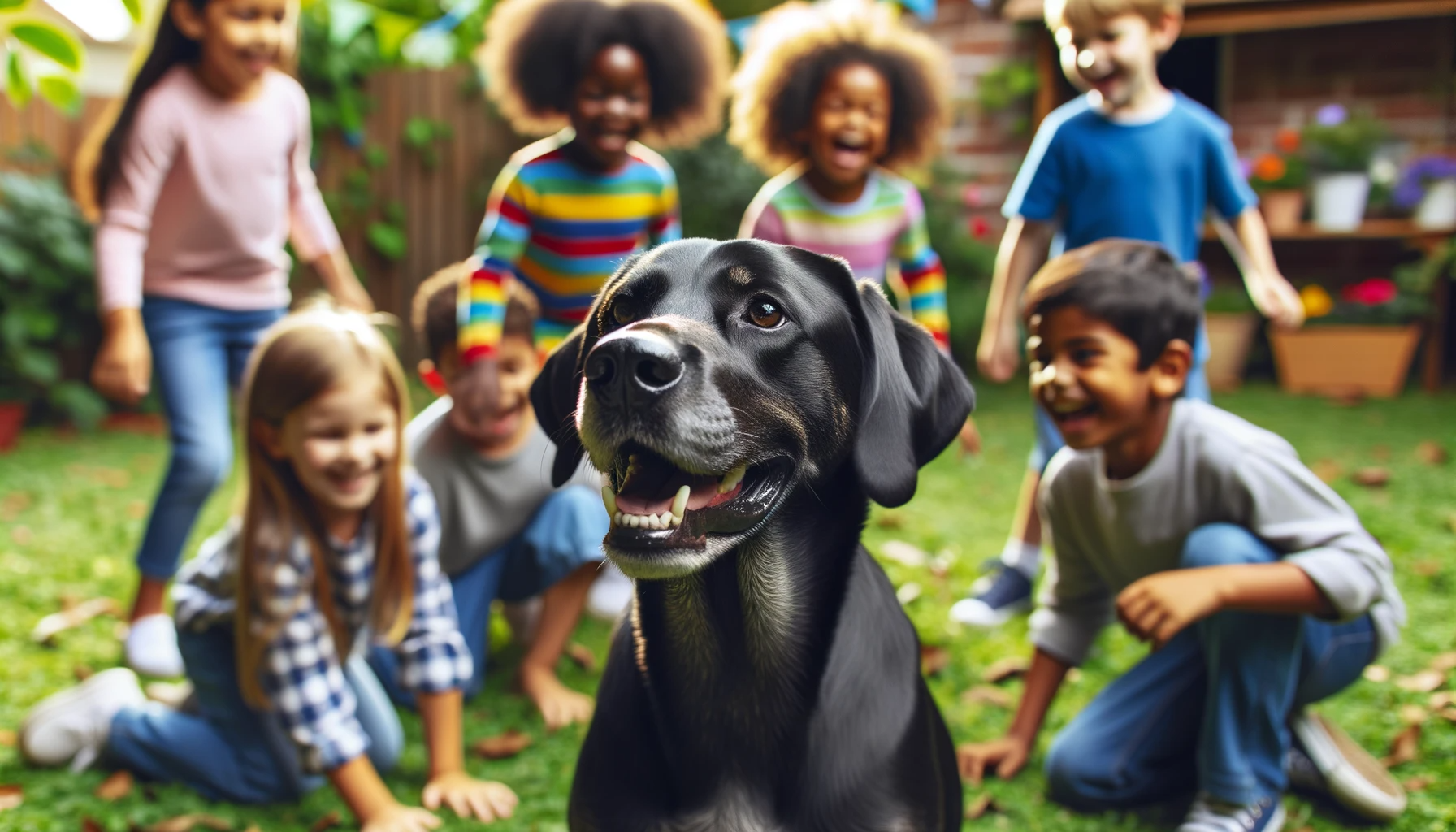 Black Lab Coonhound Mix Laughing with Children and Intently Following a Scent