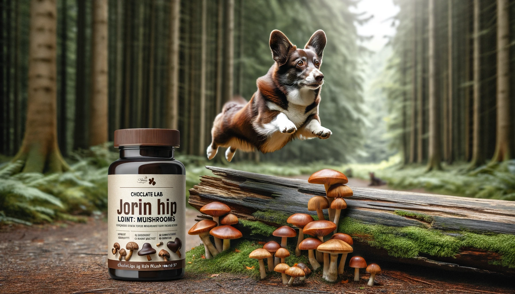 Bottle of Chocolate Lab Joint Hip Dog Mushrooms D128 next to an agile Corgidor jumping over a log