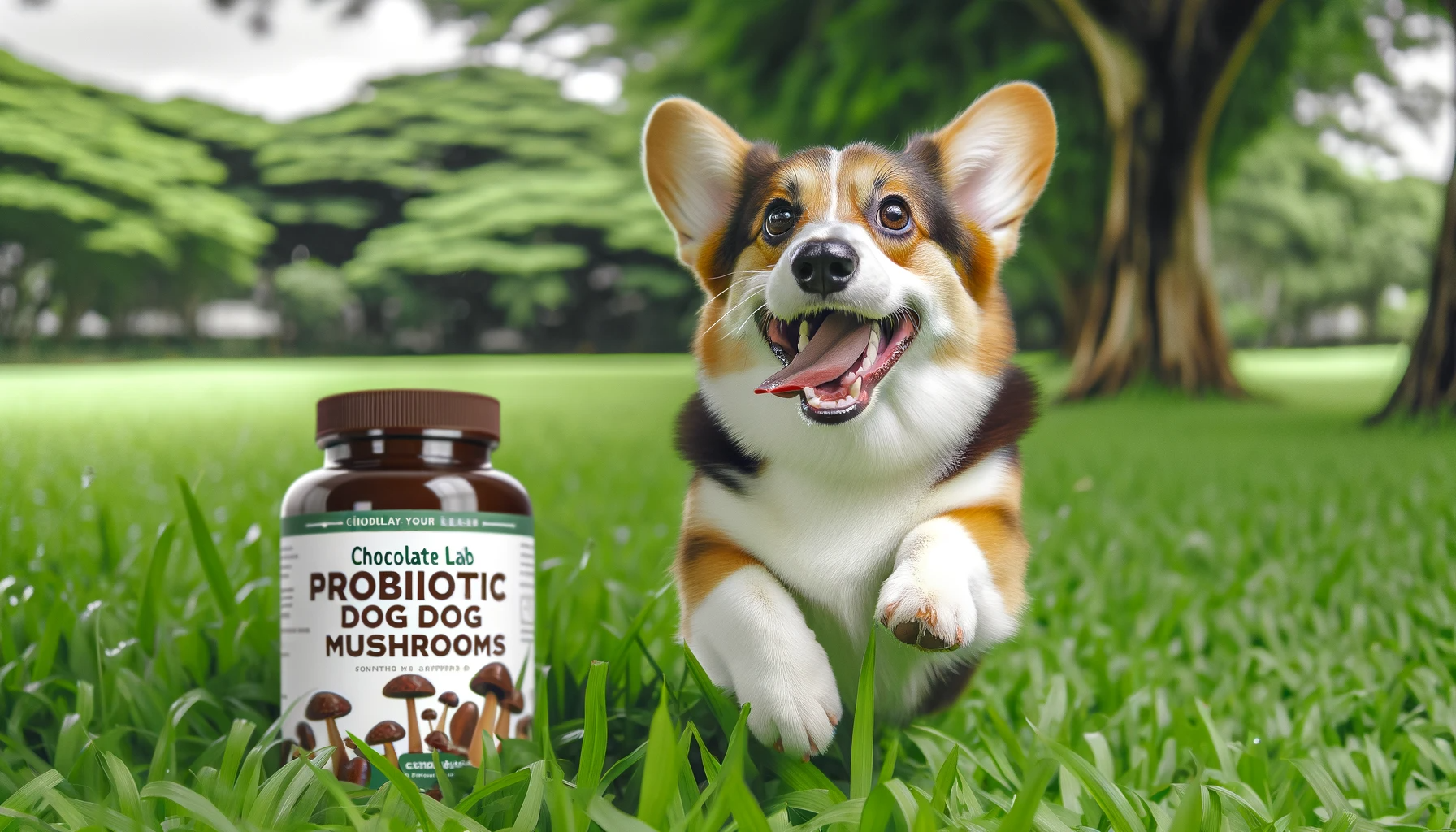 Corgi-Beagle mix frolicking in the park, bottle of Chocolate Lab Probiotic Dog Mushrooms D137 beside it