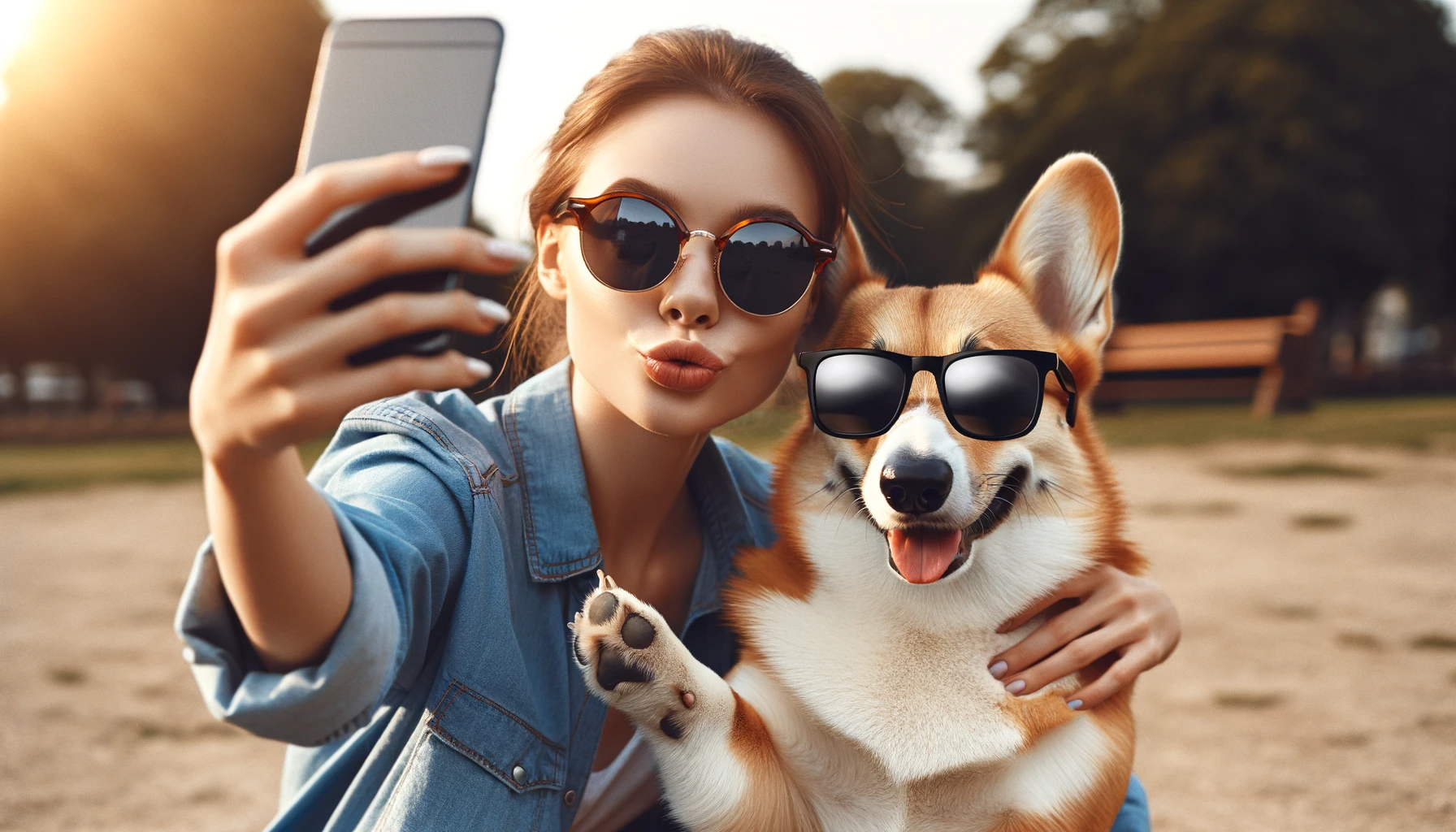 Corgi Lab Mix taking a selfie with its human, both wearing matching sunglasses