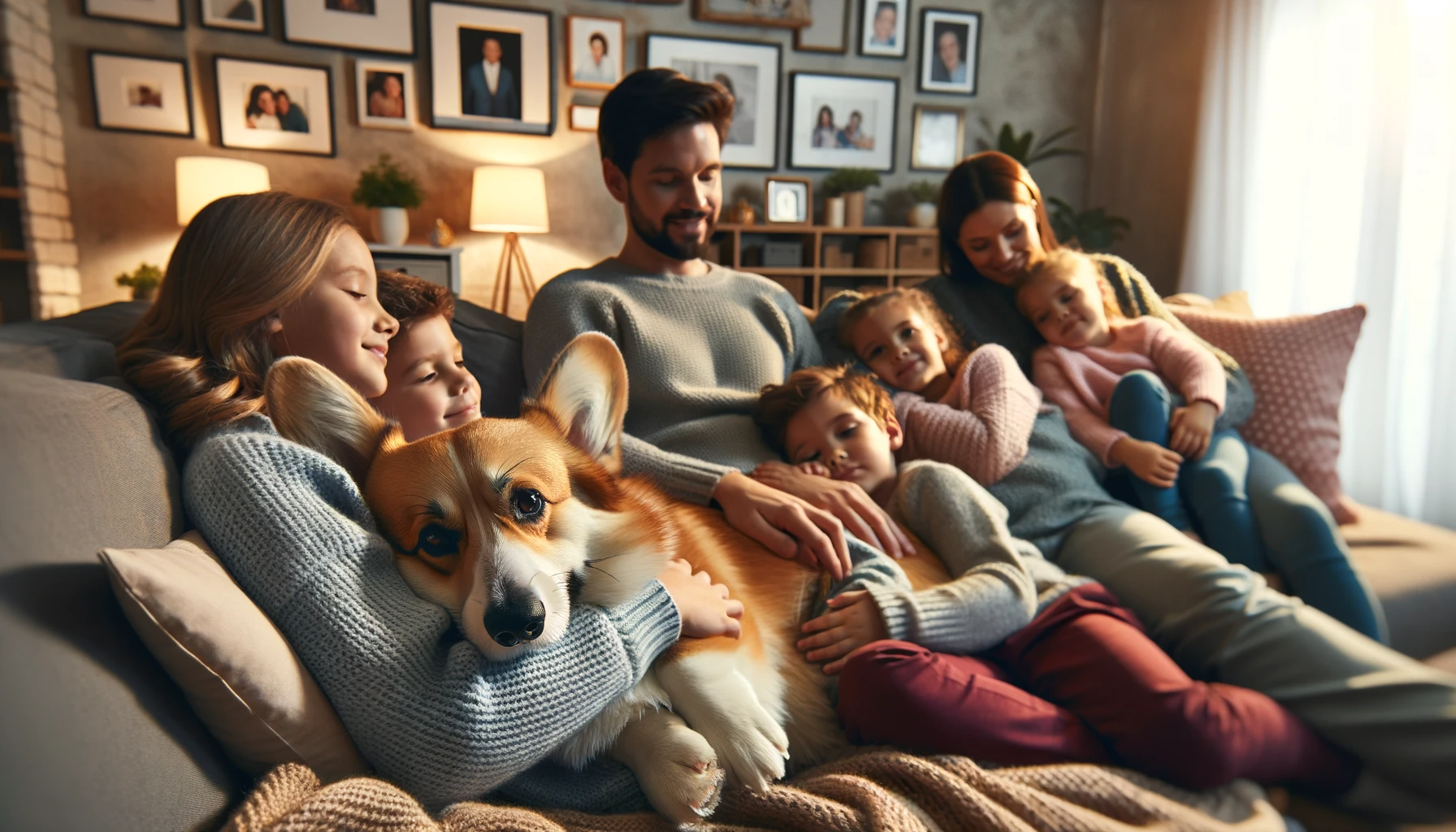 Corgidor cuddling with a family on a sofa, showcasing its affectionate nature